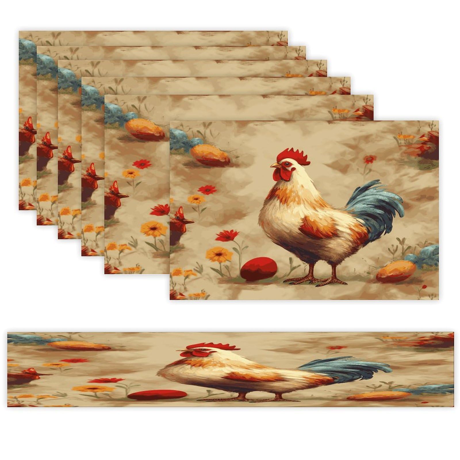 Art Chicken Animal Painting Table Runner and Placemats Set of 6 Wipe Clean Heat Resistant Table Mat with Table Runner Decorations Flax Linen Place Mat Set for Home Kitchen Party Supplies