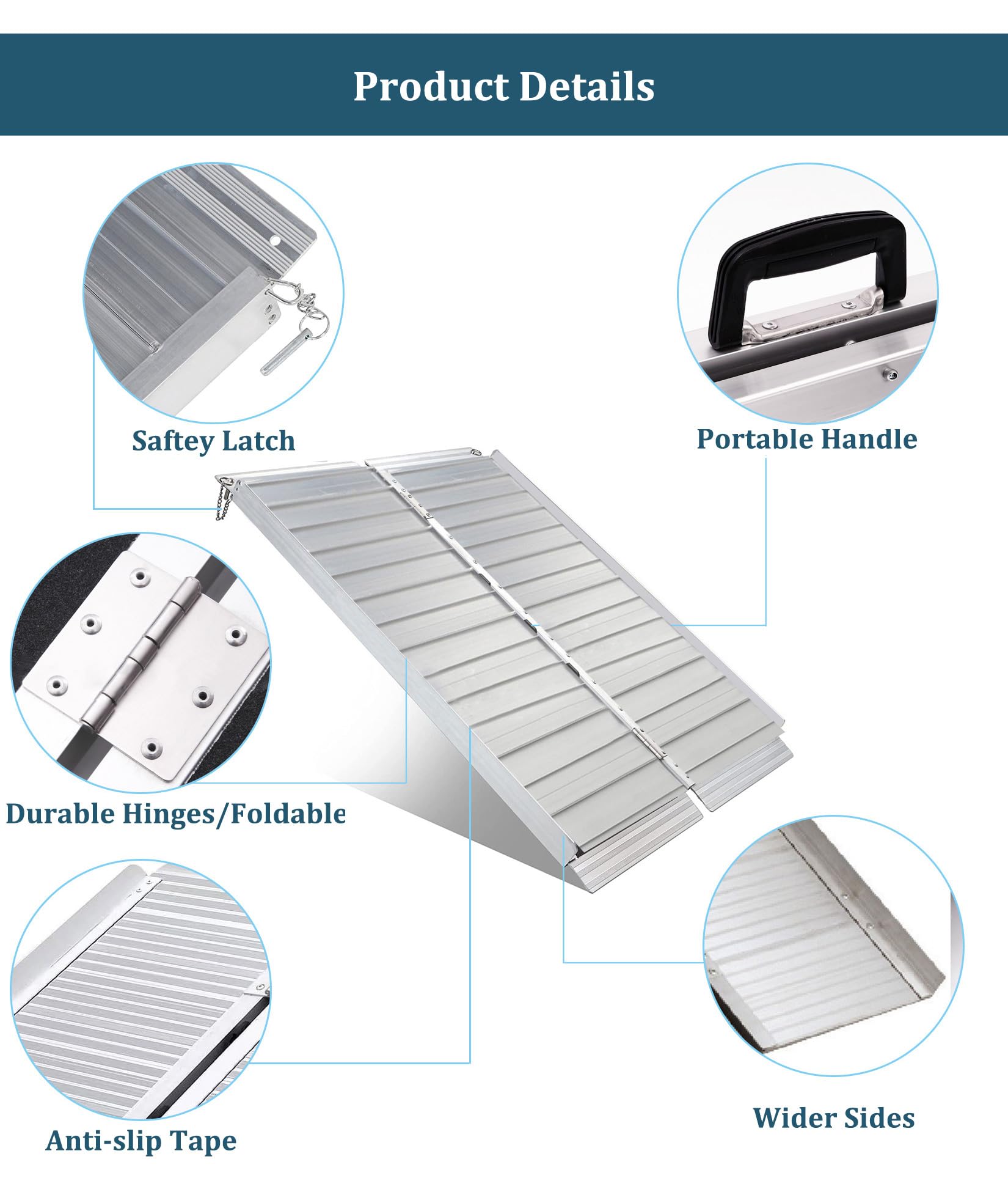 Rampas de Acceso para Personas, Barandillas para Rampas de Acceso para Sillas de Ruedas, Rampa de Aluminio para Sillas de Ruedas con Superficie Antideslizante,6ft