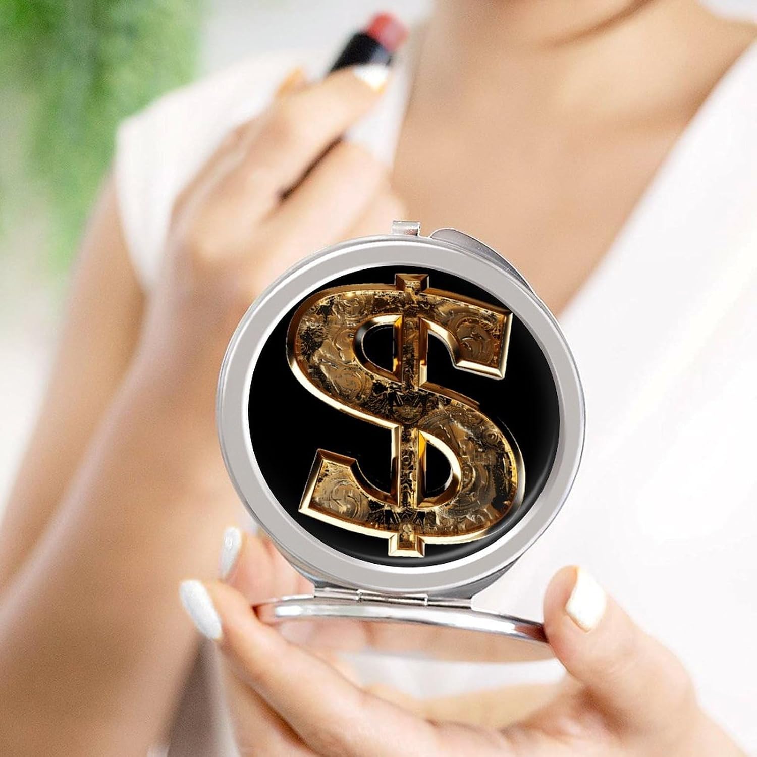 Gold Dollar Sign Makeup Mirror Lightweight Compact Mirror Portable Folding Travel Mirror 2-Sided Round Handheld Beauty Mirrors Mini Pocket Mirrors for Gift image 4