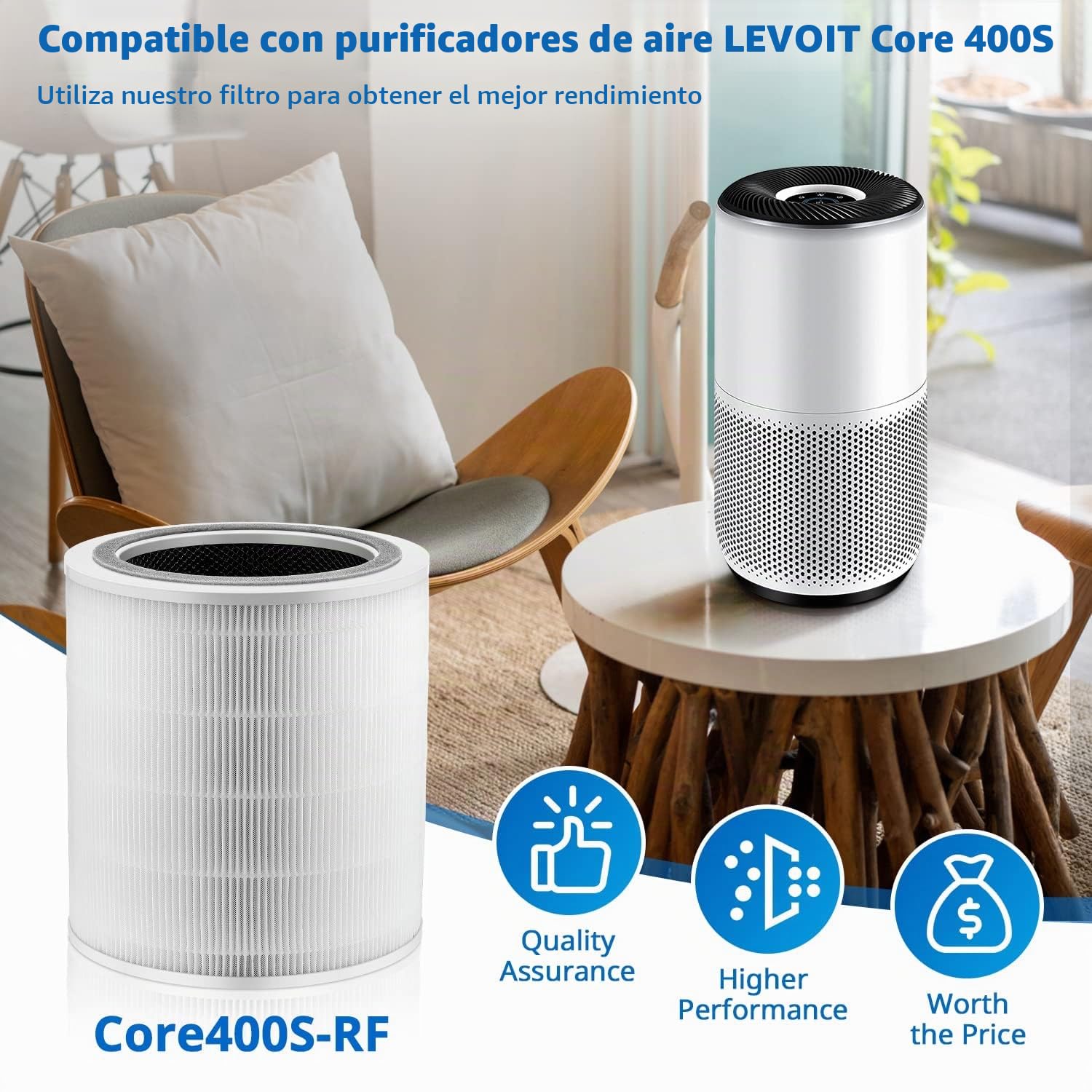 1 unidad de filtro de repuesto H13 True HEPA para purificador de aire LEVOIT Core 400S Smart WiFi (Core400S-RF) | 100% compatible | Filtra polen, PM2.5 y pelo de mascotas | Mayor duración