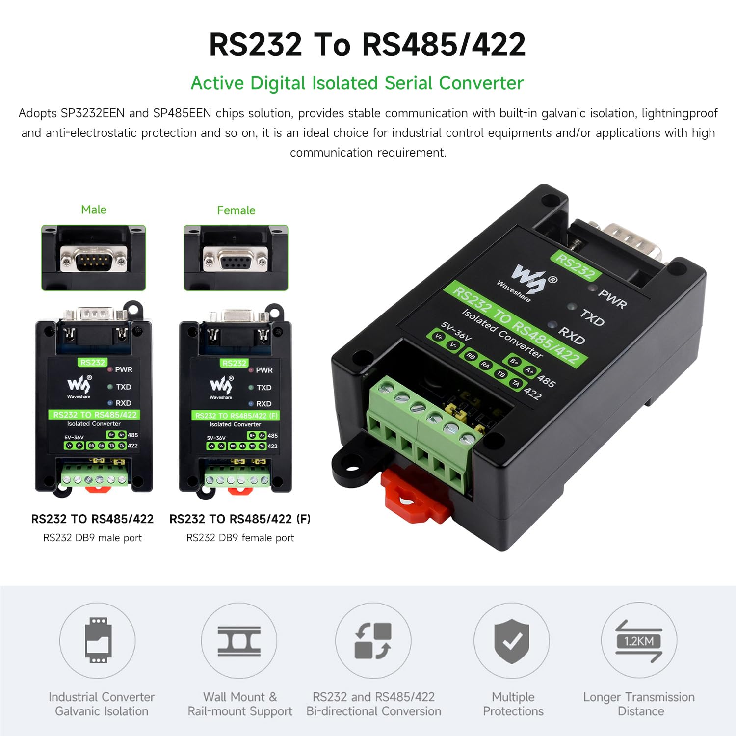 Waveshare RS232 To RS485/422 Active Digital Isolated Converter Onboard Original SP3232EEN&SP485EEN Chip RS232 DB9 Male Port for Industrial Control Equipment&High Communication Requirement Application
