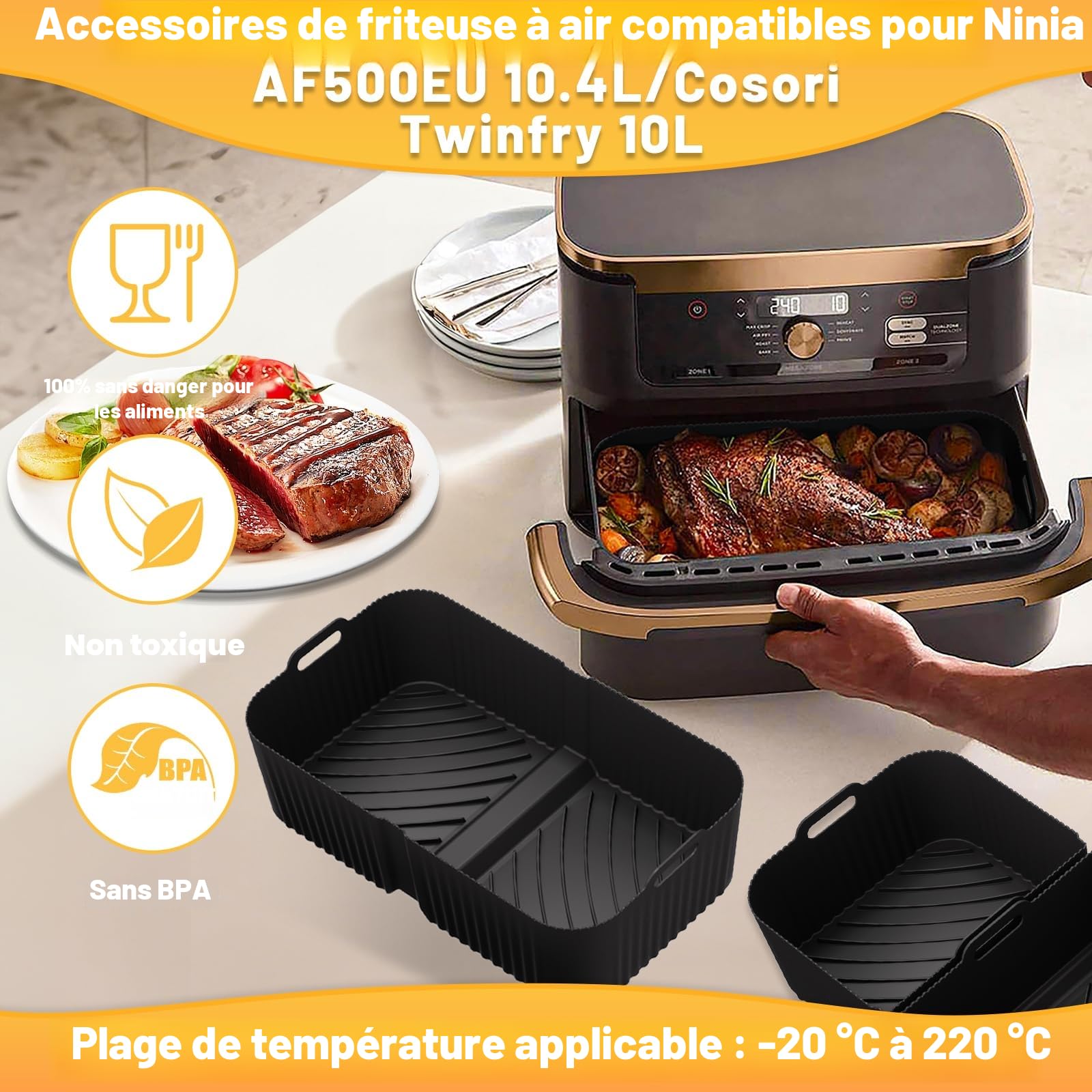 Moule Silicone Air Fryer Accessoires pour Ninja Air Fryer 10.4L AF500EU/COSORI 10L/COSORI Dual Zone 10L Twinfry Airfryer, Réutilisable Silicone Réutilisable Plat, Grille Racks, Grille de Grille