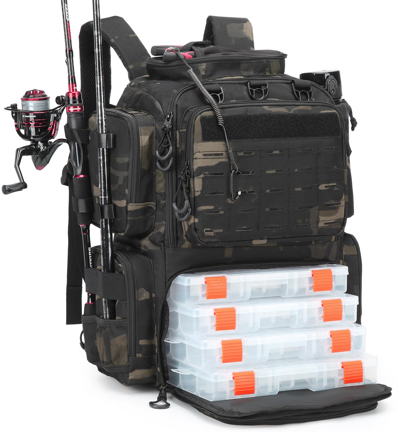 BlesMaller 50L Angelrucksack mit 4 Boxen & Rutenhaltern Angeltasche wasserabweisend Angel Rucksack für Angelausrüstung