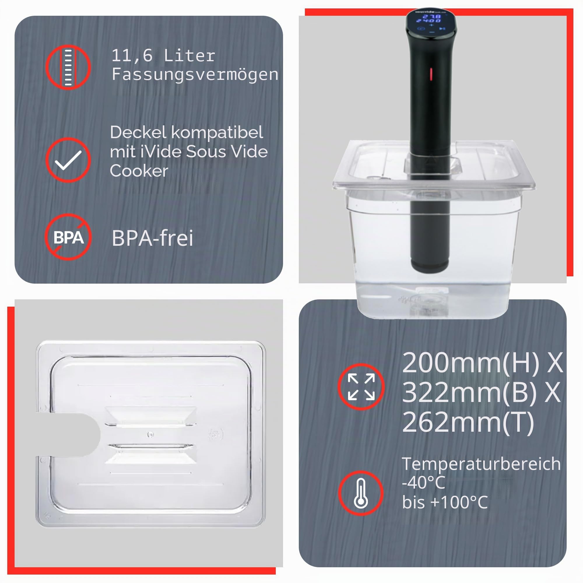SousVideTools Behälter aus Polycarbonat, 11,6 l, mit Deckel passend für den Sous-Vide-Stick von Anova, durchsichtig, zum Garen, frei von BPA, nicht-haftend und spülmaschinengeeignet