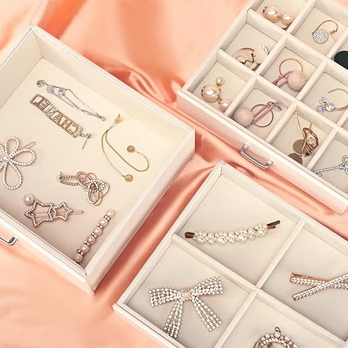 Miniatura 7 de Joyero grande de cuero de 4 capas con cajones y espejo para almacenamiento de collares, anillos, aretes, relojes (blanco)