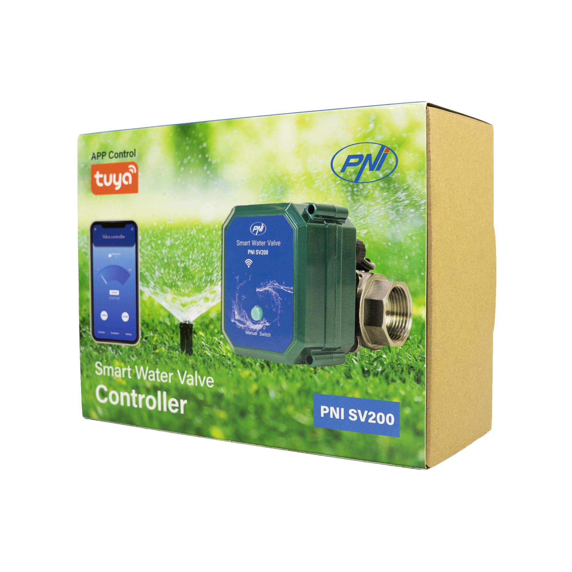 PNI Válvula de agua inteligente PNI-SV200 SV200, conectividad Wi-Fi, IP65, DN20, aplicación Tuya 3/4, compatible con Amazon Alexa y Google Home, color verde
