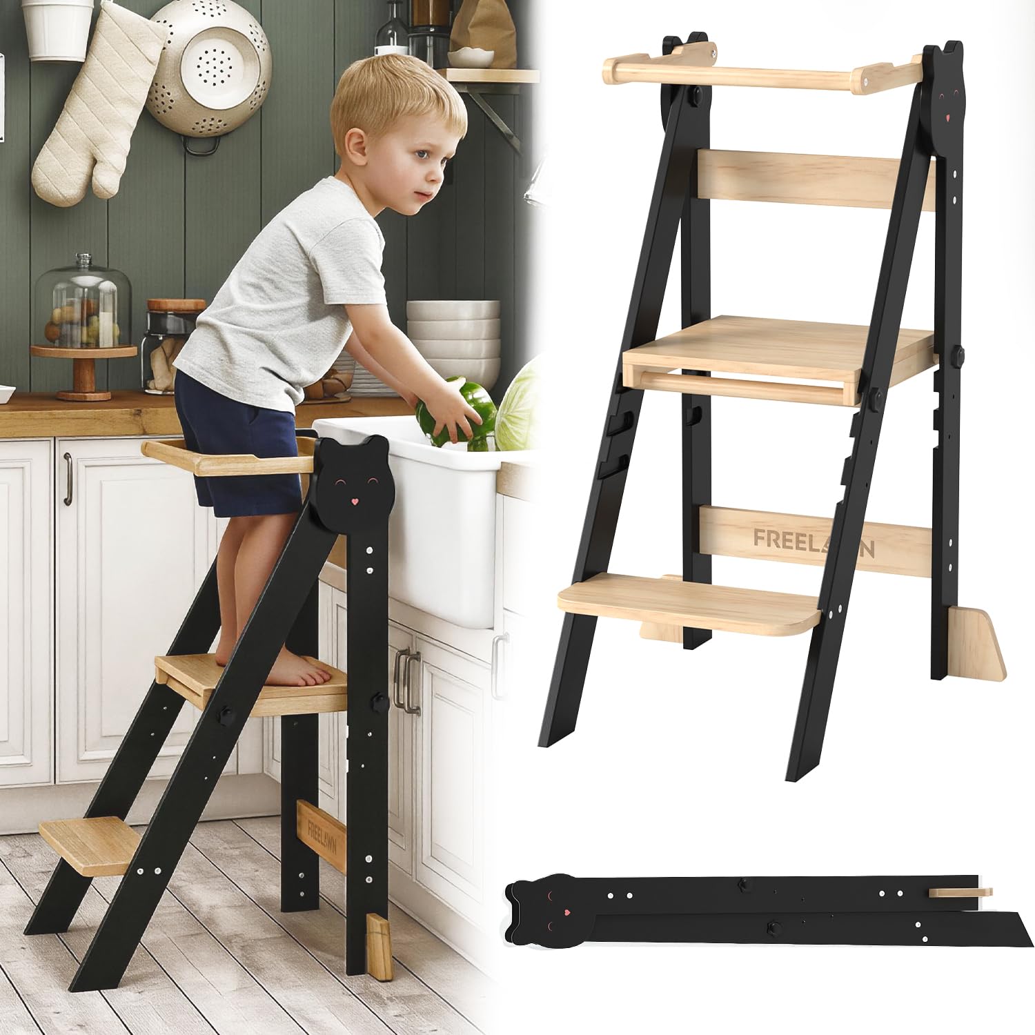 Freelawn Lernturm Klappbar & 3-Fach Höhenverstellbar - Kippsicherer Learning Tower aus Kiefernholz - Mitwachsender Trittschemel für Kinder (1-5 Jahre) - Stabiler Küchenhelfer & Entdeckerturm (Schwarz)