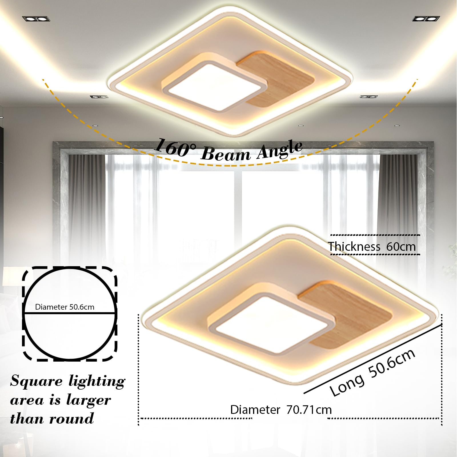 Quadrat LED Deckenleuchte, Deckenlampe mit Holz, Deckenlampen Dimmbar mit Fernbedienung,Moderne Holz Deckenlampe für Schlafzimmer Kinderzimmer Wohnzimmer Küche(51.5 * 51.5CM 50W)