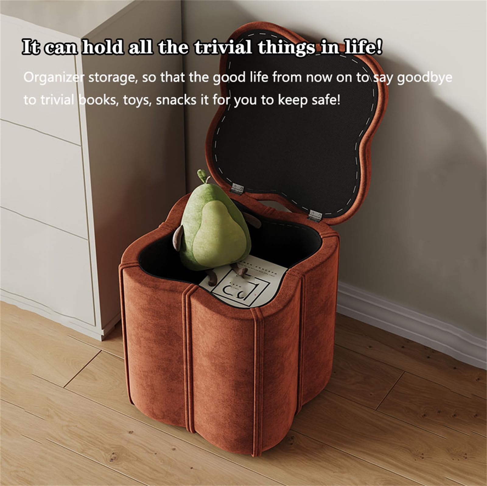 Otomana Redonda con Almacenamiento, reposapiés tapizado, Tapa extraíble, Asiento Acolchado para Dormitorio y Sala de Estar, 45 cm de diámetro.