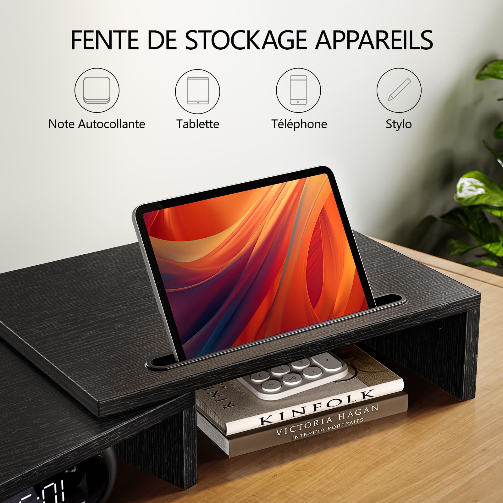 AMERIERGO Support Moniteur Double, Rehausseur Écran PC Bureau Ajustable avec 2 Fentes, Organisateur Bureau Portable