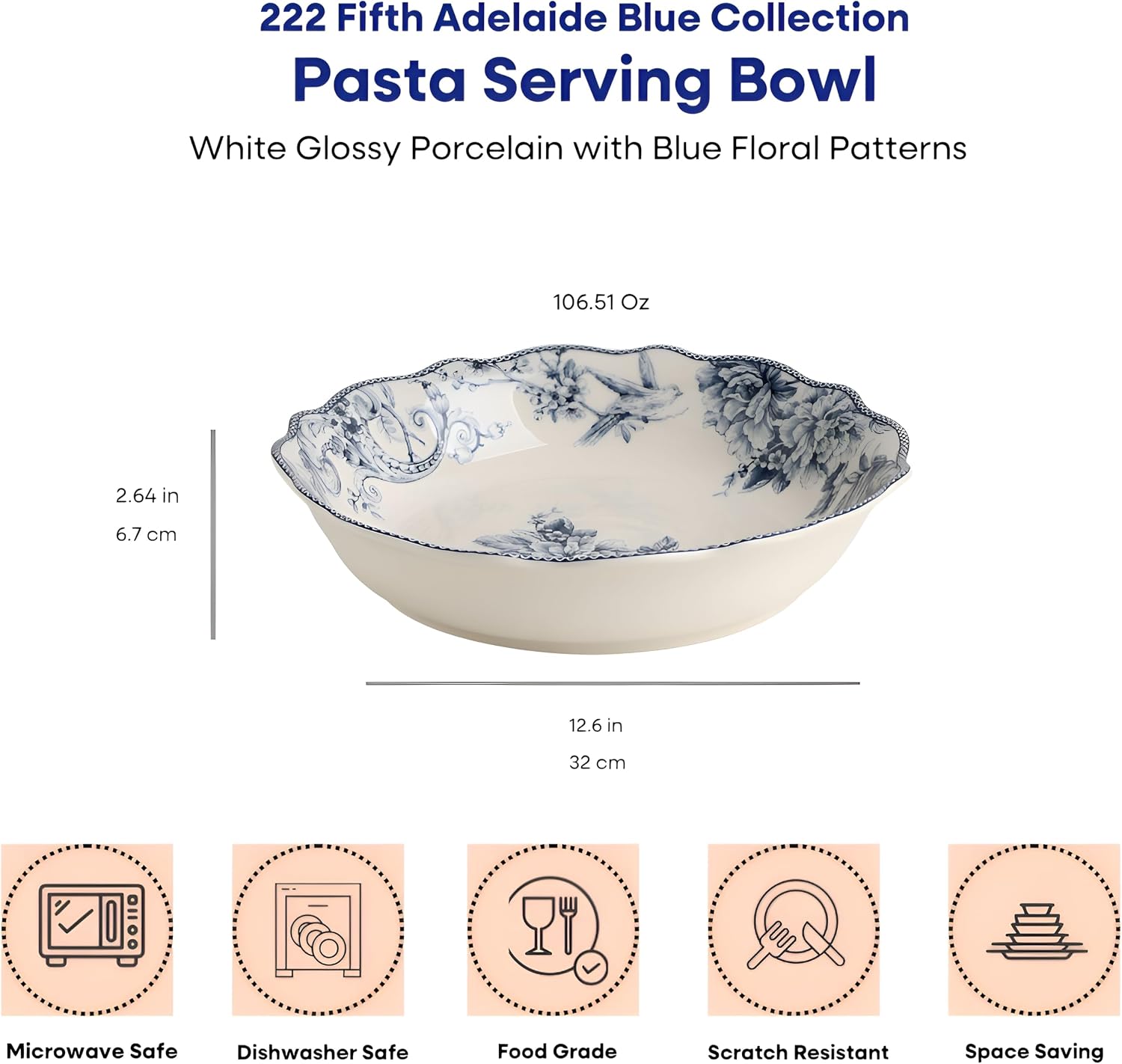 222 Fifth Adelaide Blue Extra Large Serving Bowl, 106.5 oz, 12.6" Porcelain Serve Bowls for Pasta, Salad, Fruits & Family Meals, Big Ceramic White Bowls for Entertaining, Dishwasher & Microwave Safe