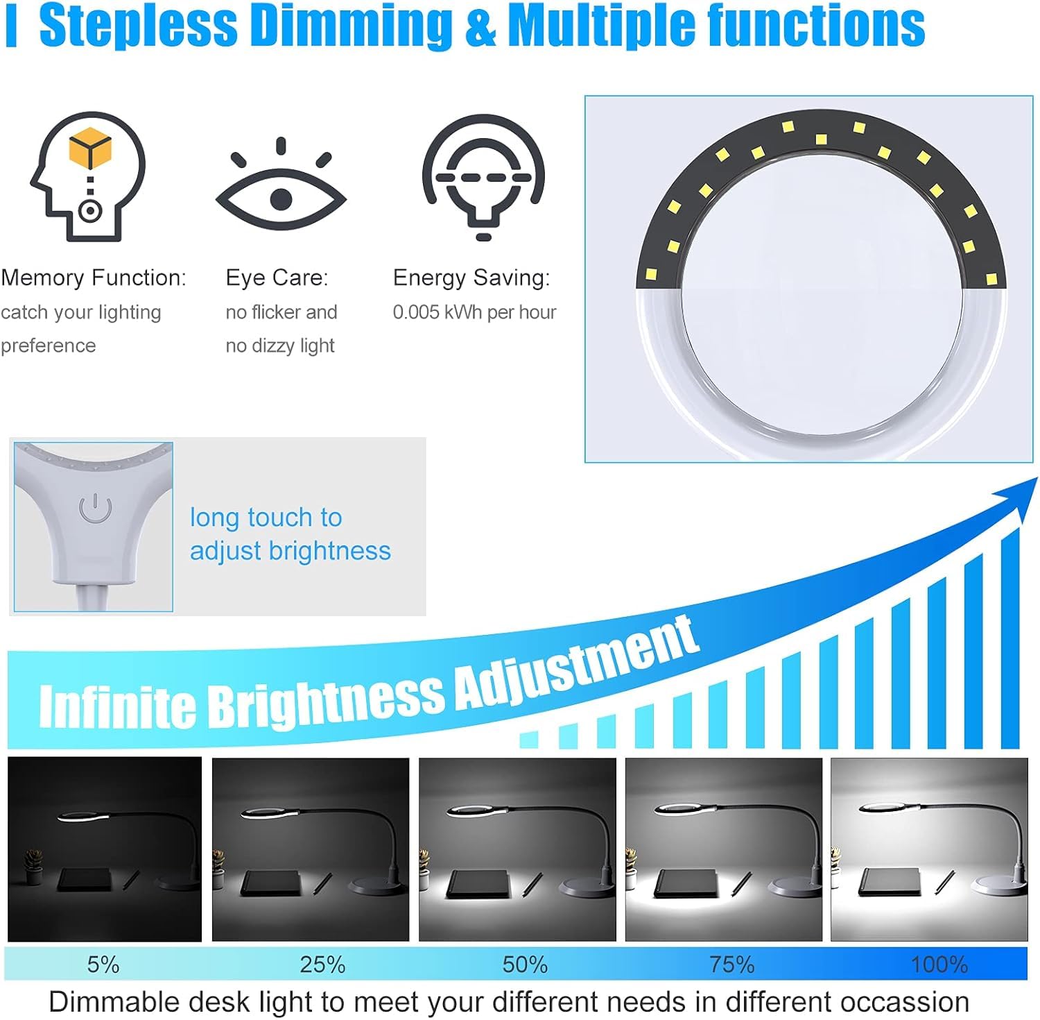 Lente di ingrandimento 5x, con luce e supporto, lampada LED dimmerabile a mani libere, ideale per lettura, hobby, cucito, artigianato, Bianco