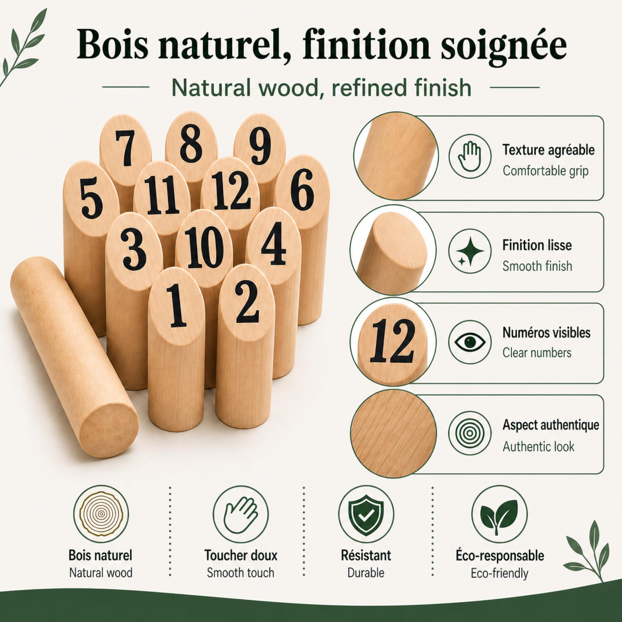 GRENADINE BOUTIQUE Jeu de Quilles Nordiques Bois, Lot 12 Quilles (Lot de 3)