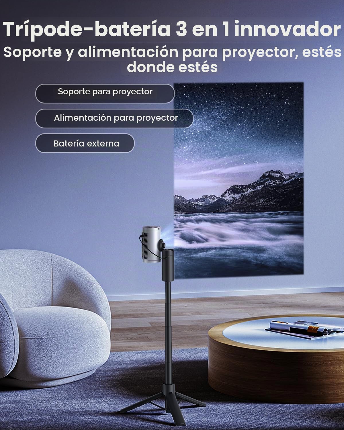 JMGO Proyector Power Bank Trípode para PicoPlay/PicoPlay+/PicoFlix/N1S Nano | Cargador portátil de 20 000 mAh y 65 W con Soporte Ajustable en Altura e inclinación para Exteriores y Viajes