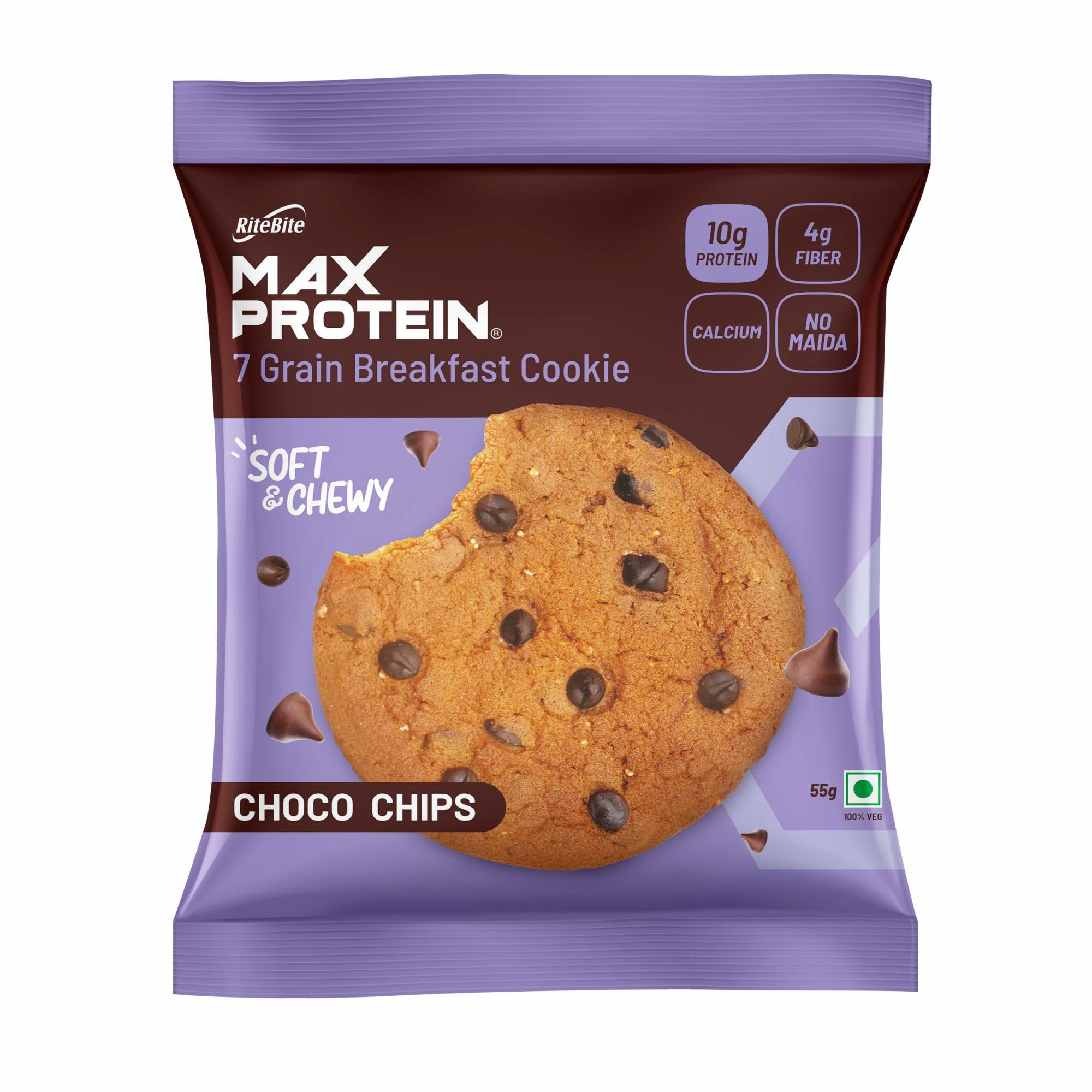 Choco Chip Cookie | Pack of 1 x 55g | 10g Protein Multigrain Cookie, Healthy Breakfast Protein Snack