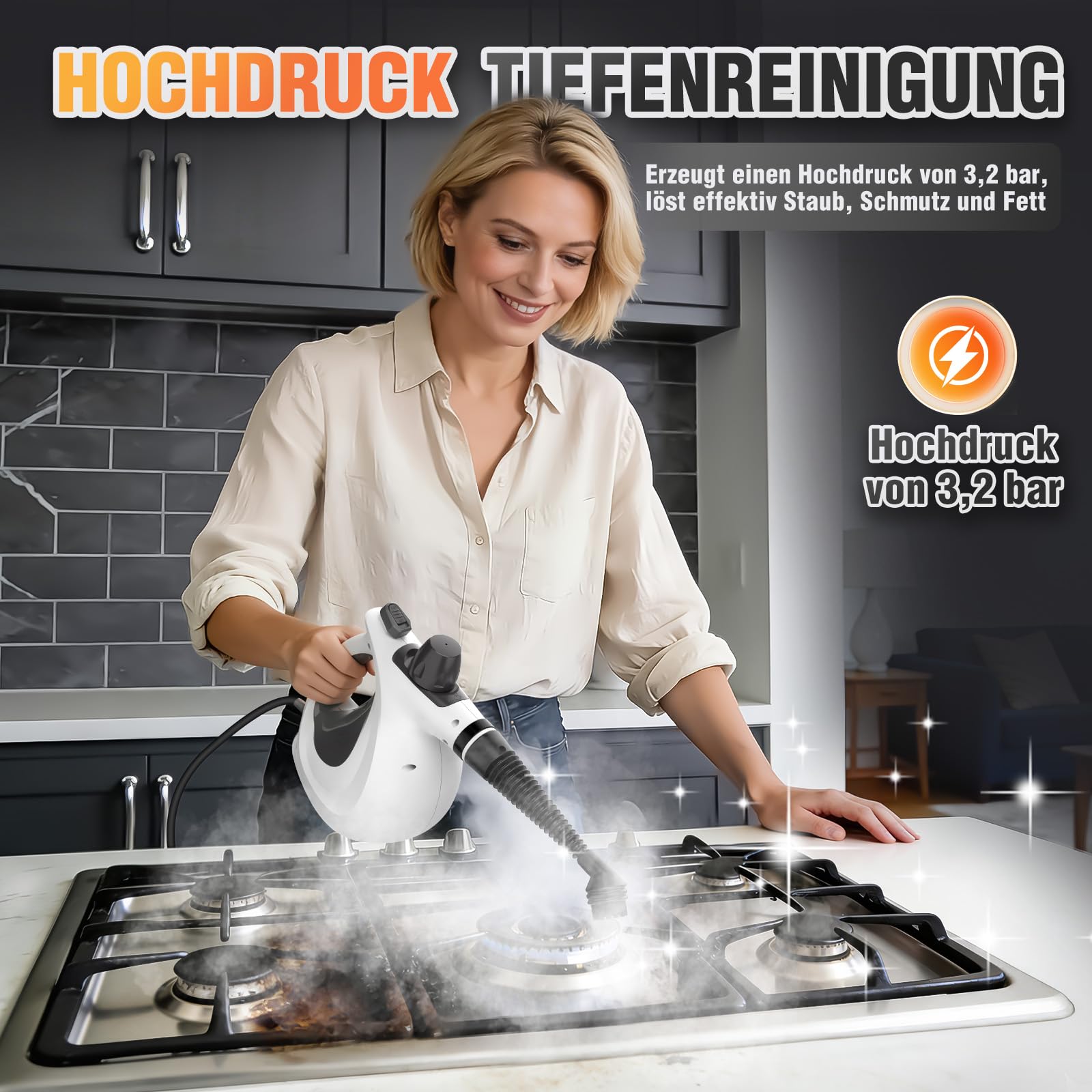 Limpiador a Vapor Portátil, 100% sin Químicos, Vapor a Alta Presión Elimina Eficazmente Polvo, Suciedad y Grasa, Vaporeta Limpieza Hogar 1050W 3bar para Cocina, Baño, Coche, Ventanas y Juntas - 4