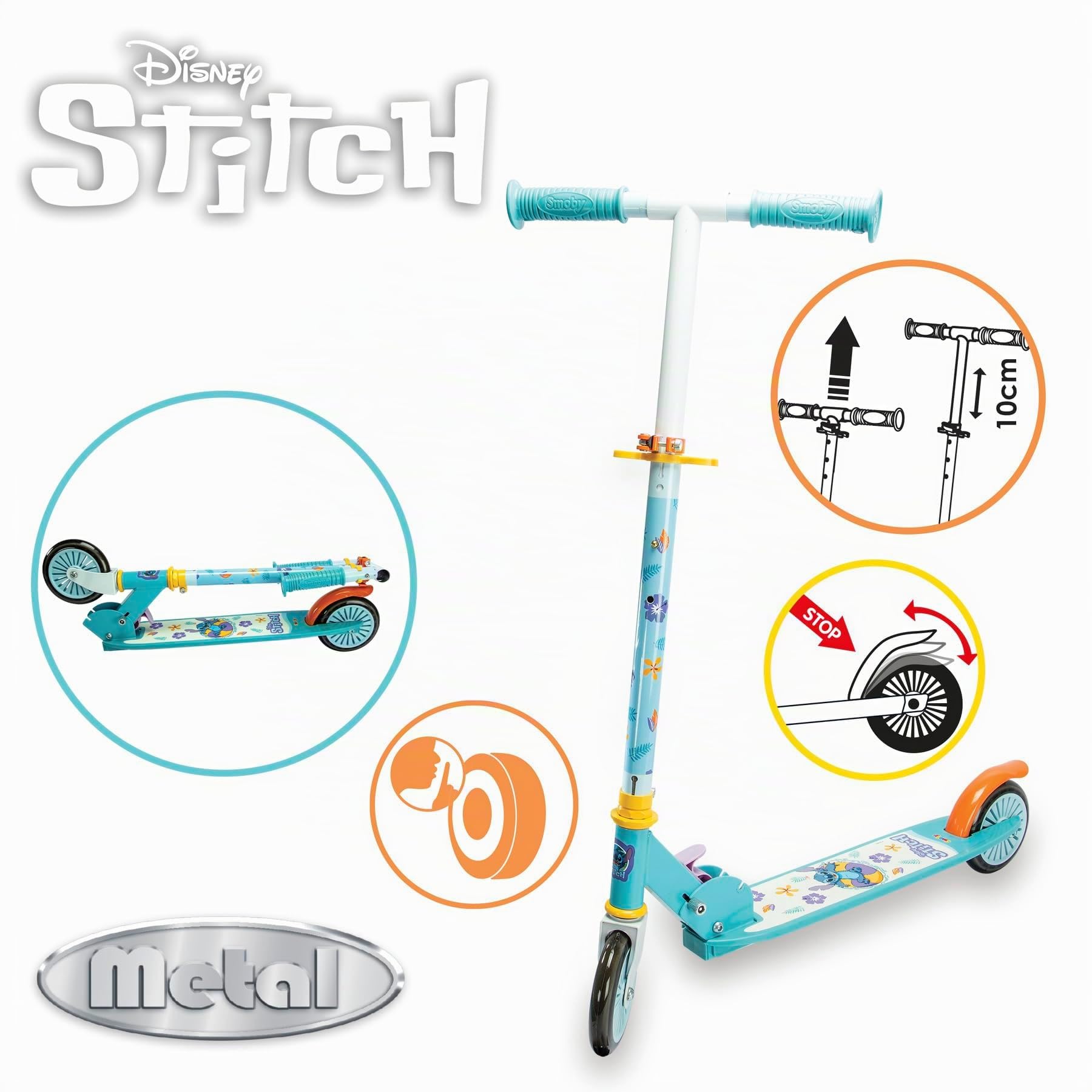 Smoby Patinete 2 Ruedas Stitch Plegable, con Estructura de Metal, Reposapiés Antideslizante, Frein Trasero, Guiñón Ajustable, soporta 50 kg, niños +5 años (7600750379)