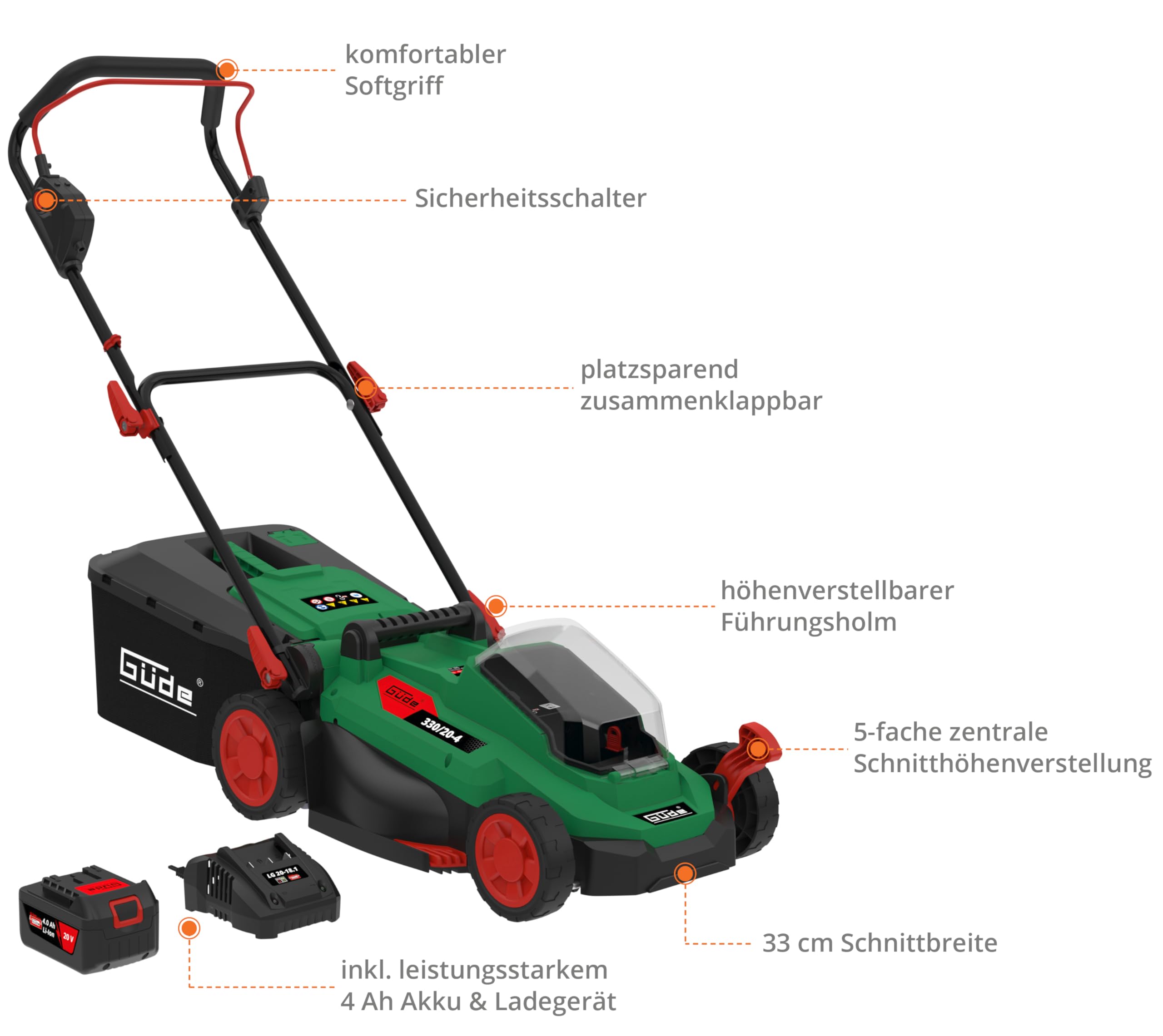 Güde Alpha 95809 kosiarka akumulatorowa 330/20-4 (wydajny, bezszczotkowy silnik, akumulator litowo-jonowy 20 V/4 Ah, szerokość cięcia 330 mm), zielona/czarna/czerwona
