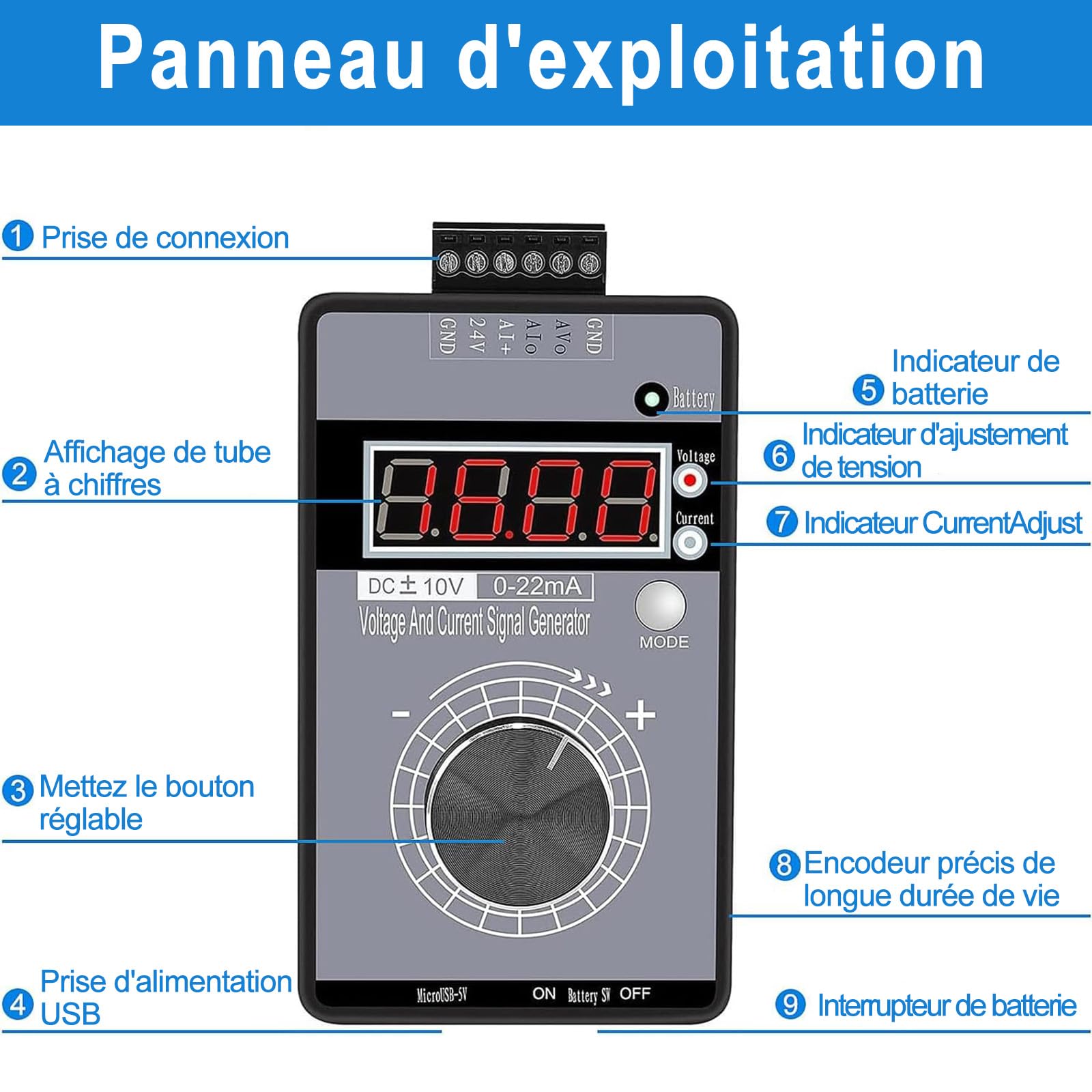 Générateur De Signal Portable, 4-20mA Générateur De Signal De Courant De Tension, 0-10V/0-22mA Ajustable Simulateur De Tension Actuelle Rechargeable Calibrateur De Source De Signal Analogique