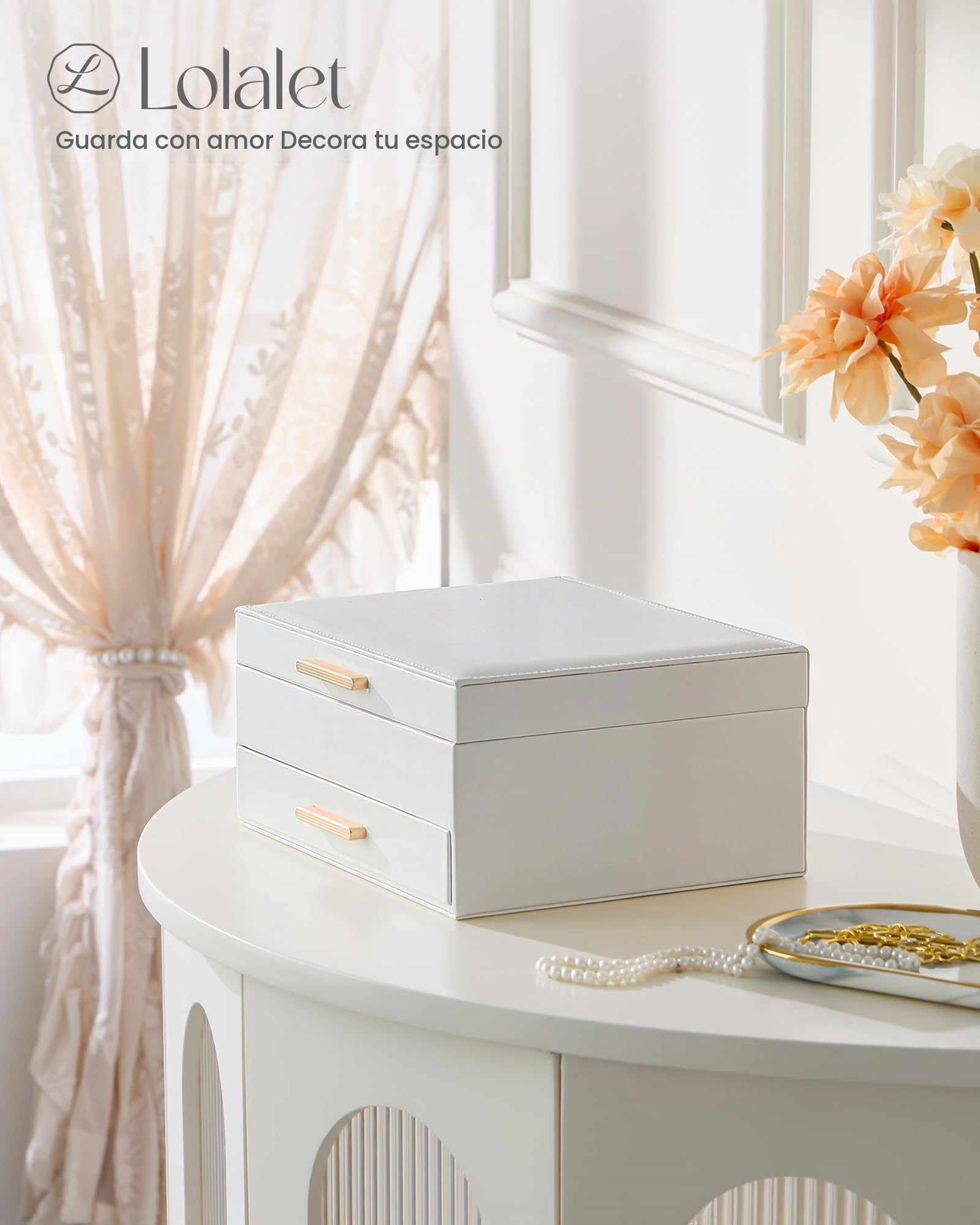 Lolalet Caja para Joyas de Doble Capa, Estuche Joyero Organizador para Joyería Collares Anillos Aretes Pulseras Relojes Regalo Ideal para Mujer -Blanco