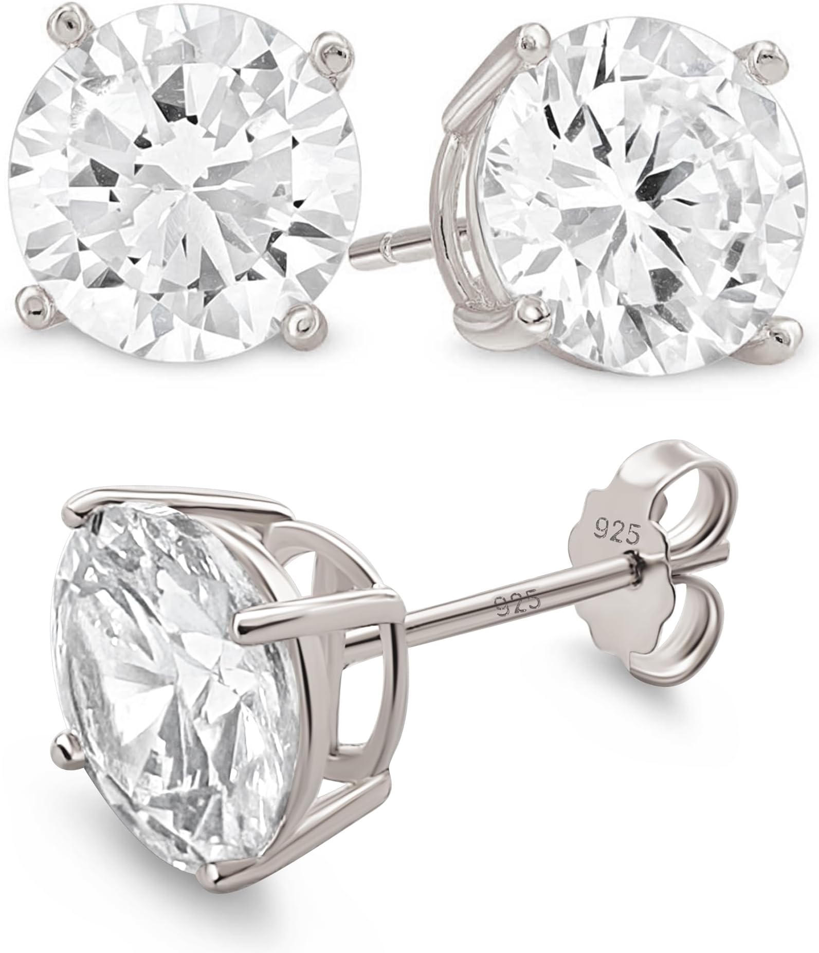 Sterling Silver Stud Earrings for Women & Men - 4-Prong Setting Cubic Zirconia Earrings Studs - Premium CZ S925 Hypoallergenic - Available in 14K White and Yellow Gold, Rose Gold - 3mm to 9mm