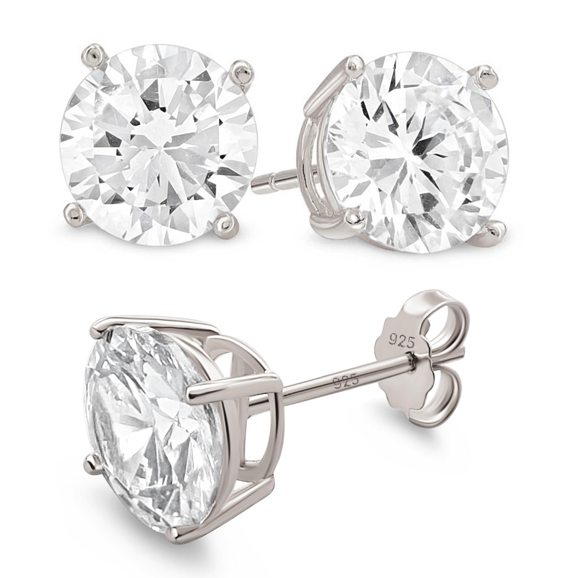 Sterling Silver Stud Earrings for Women & Men - 4-Prong Setting Cubic Zirconia Earrings Studs - Premium CZ S925 Hypoallergenic - Available in 14K White and Yellow Gold, Rose Gold - 3mm to 9mm