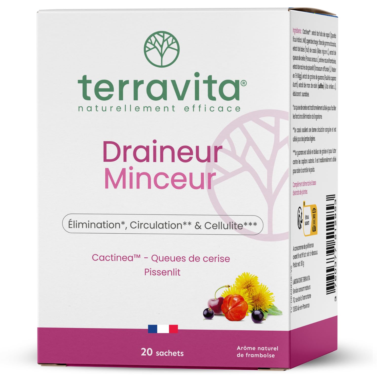 DRAINEUR MINCEUR | Action Detox Anti-Cellulite et Jambes Lourdes | Stimule la Circulation Sanguine et Lymphatique | Actif Breveté Cactinea™ | 20 Sachets Goût Framboise | Made in France | Terravita