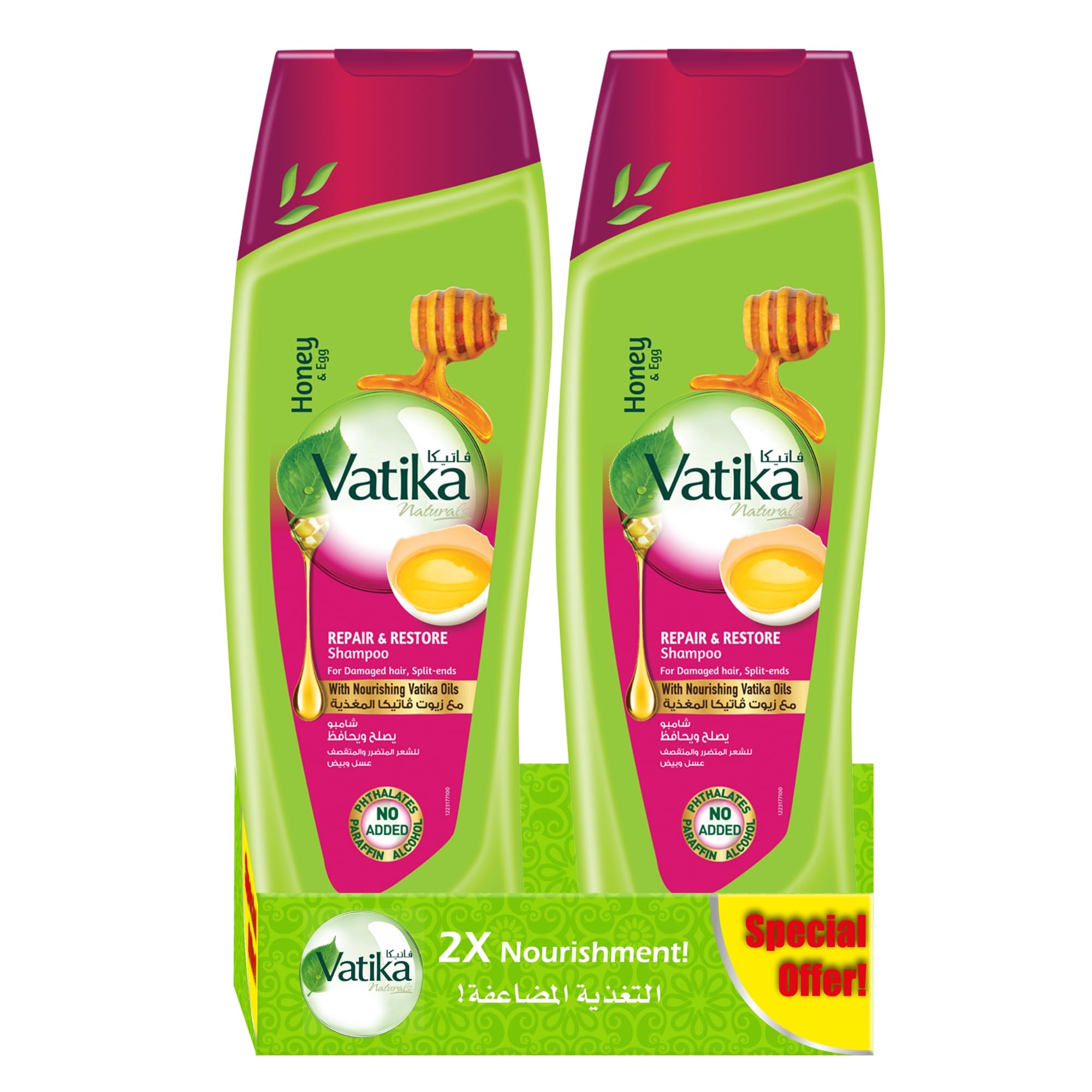 Naturals Repair & Restore Shampoo 2 x 400 ml | Enriched with Honey & Egg Extracts | For Damaged Hair, With Split Ends | With Nourishing Vatika Oils | Super Value Pack of 2