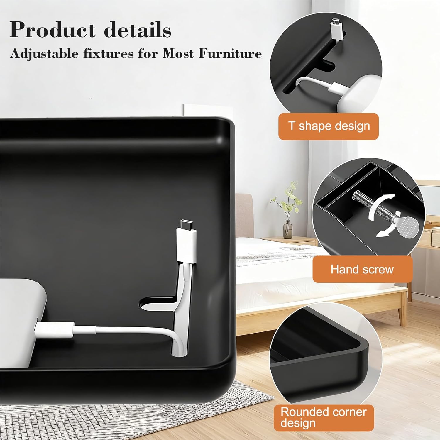 Bedside Shelf for Bunk Beds, Clip On Bed Table with Charging Cable Organizer, Floating Nightstand for Small Spaces, Dorm Room & Kids Room Essentials, Black - Image 7