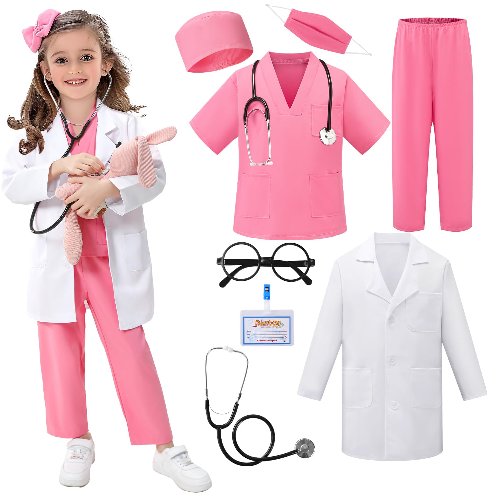 FUNSENLY Doctor Costume for Kids - 8pcs Kids Dress Up Set, Toddler Halloween Costumes for Girls Boys, Doctor Pretend Play Kit
