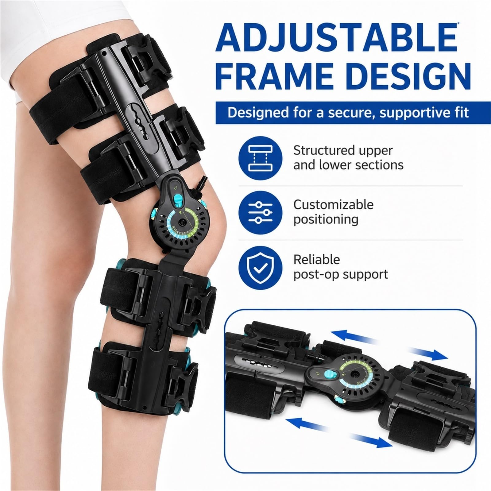 Rodillera Articulada ROM con Estabilizadores Laterales Soporte de Rodilla Ajustable Postoperatorio para Lesiones de Menisco ACL MCL PCL Ortopedia Médica para Hombre y Mujer
