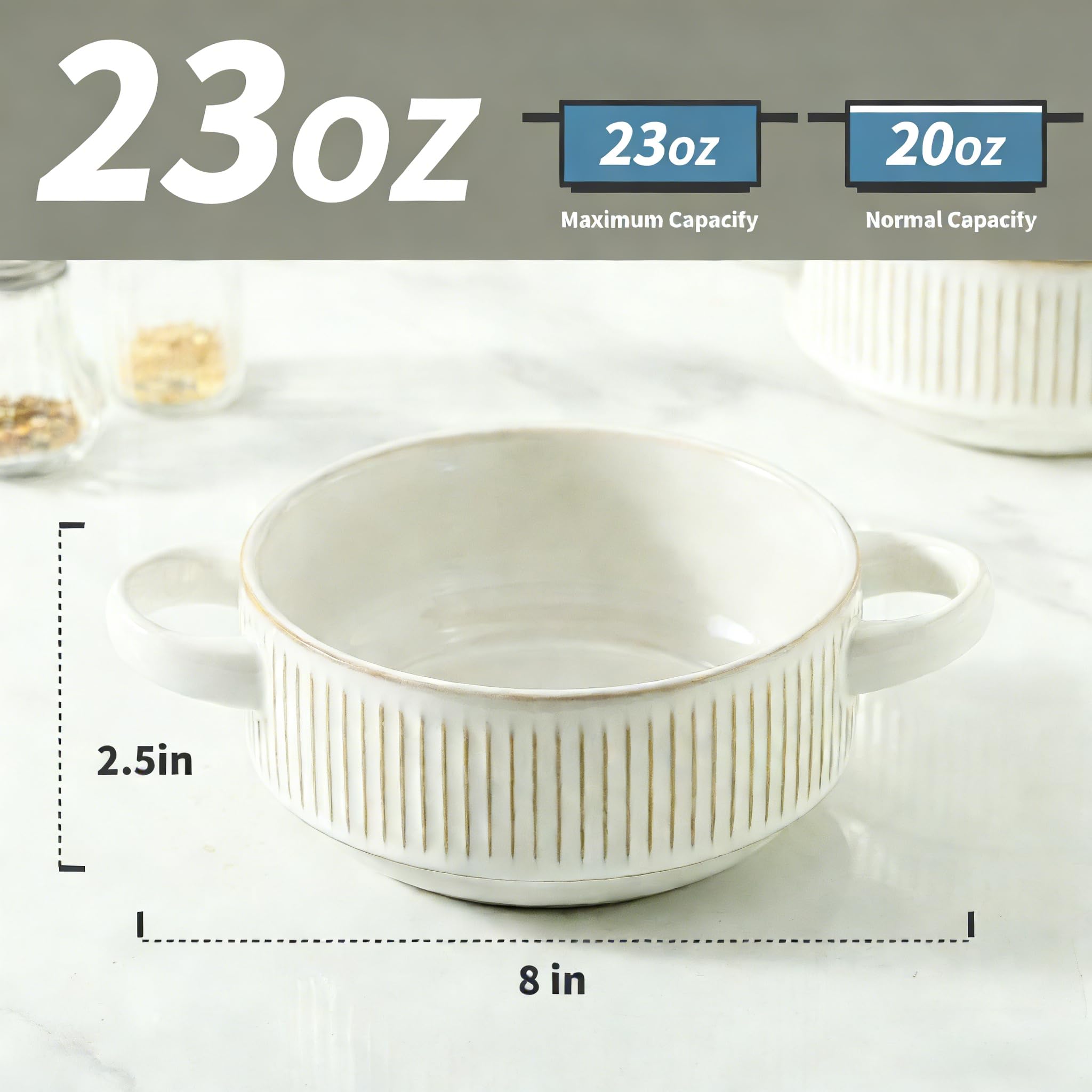 Cuencos de sopa con asas, vasijas de sopa de cebolla francesa de 20 onzas, cuenco de sopa apilable apto para horno para chile, guiso de res, juego de cuencos de cerámica en relieve, 5.4 pulgadas,