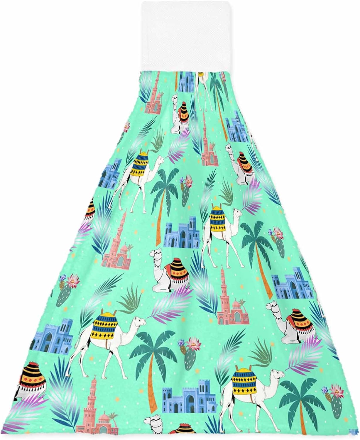 Desert Camels Kitchen Hand Towels with Hanging Loops Set of 2 Cute Animals Houses Palm Trees Leaves Green Soft Thick Oven Fingertip Dry Microfiber Tie Dish Towel Absorbent Cleaning Washcloth