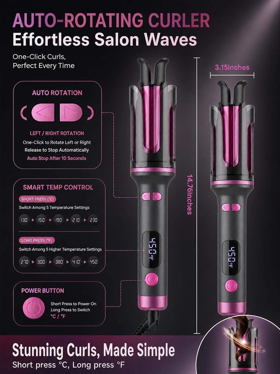 Automatic Curling Iron, 1 Inch Rotating Ceramic Hair Curler with 4 Temp Settings & Fast Heating, Anti-Scald & Anti-Tangle Auto Hair Wand for Long & Medium Hair, Professional Styling Tool