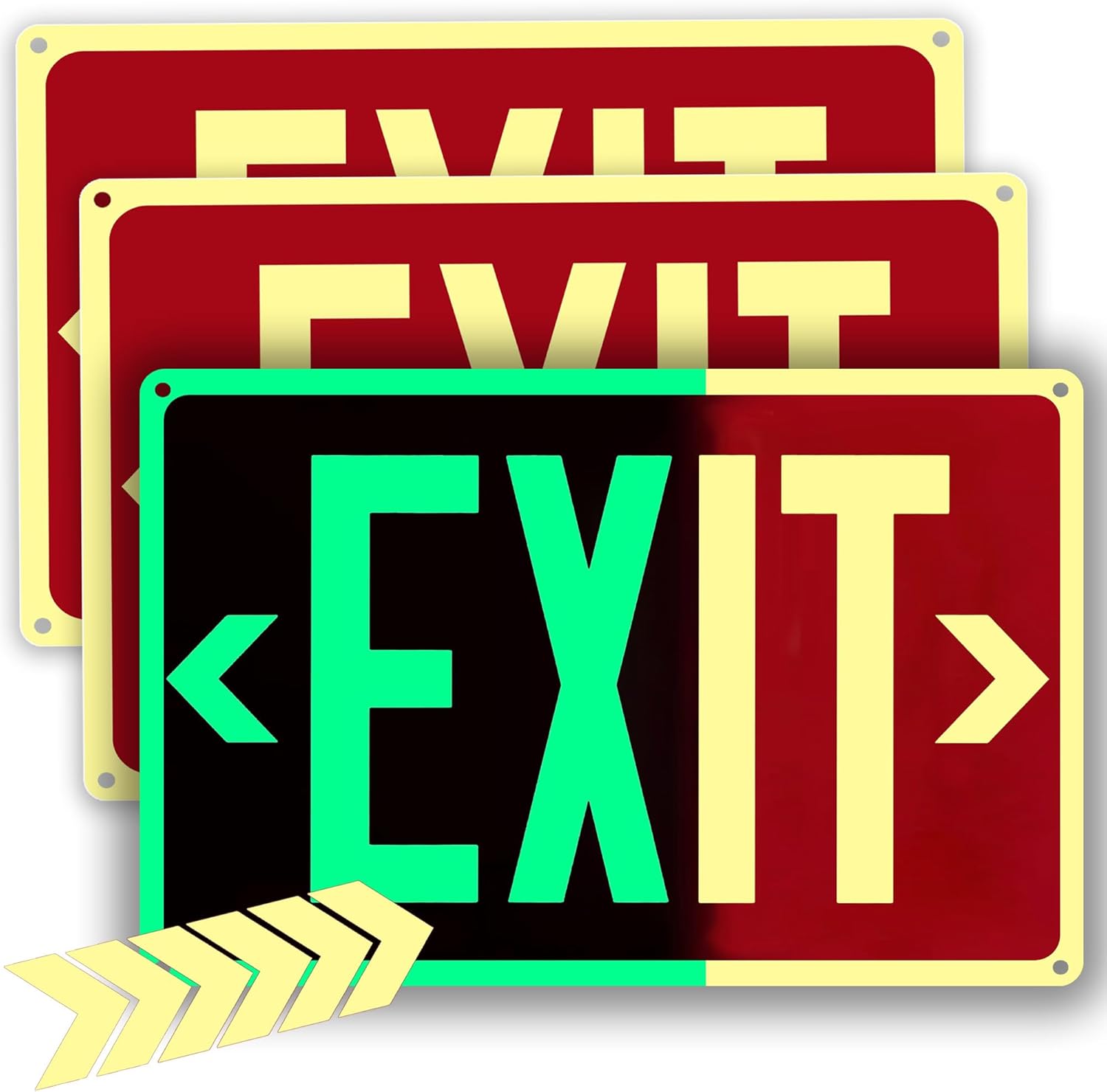 3Pack Photoluminescent Exit Sign Aluminum, 14x10 Inches Glow-in-Dark Exit Sign, with Adhesive Backing - Removable Arrows Included - Non Electrical Red Exit Light
