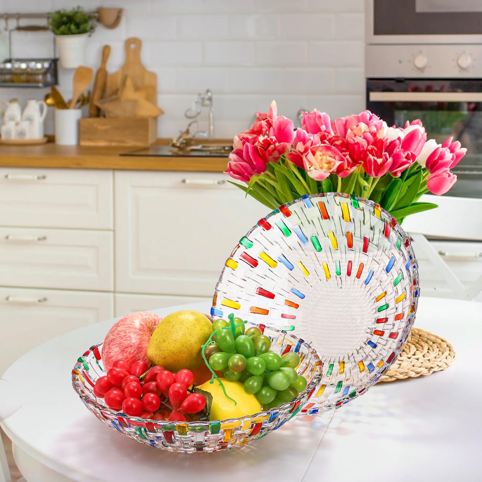 Paquete de 2 cuencos de frutas de cristal coloridos, cuencos de vidrio tejidos pintados a mano de 10 pulgadas, plato grande decorativo para mostrar ensalada, postre, pastel, dulces, aperitivos 3