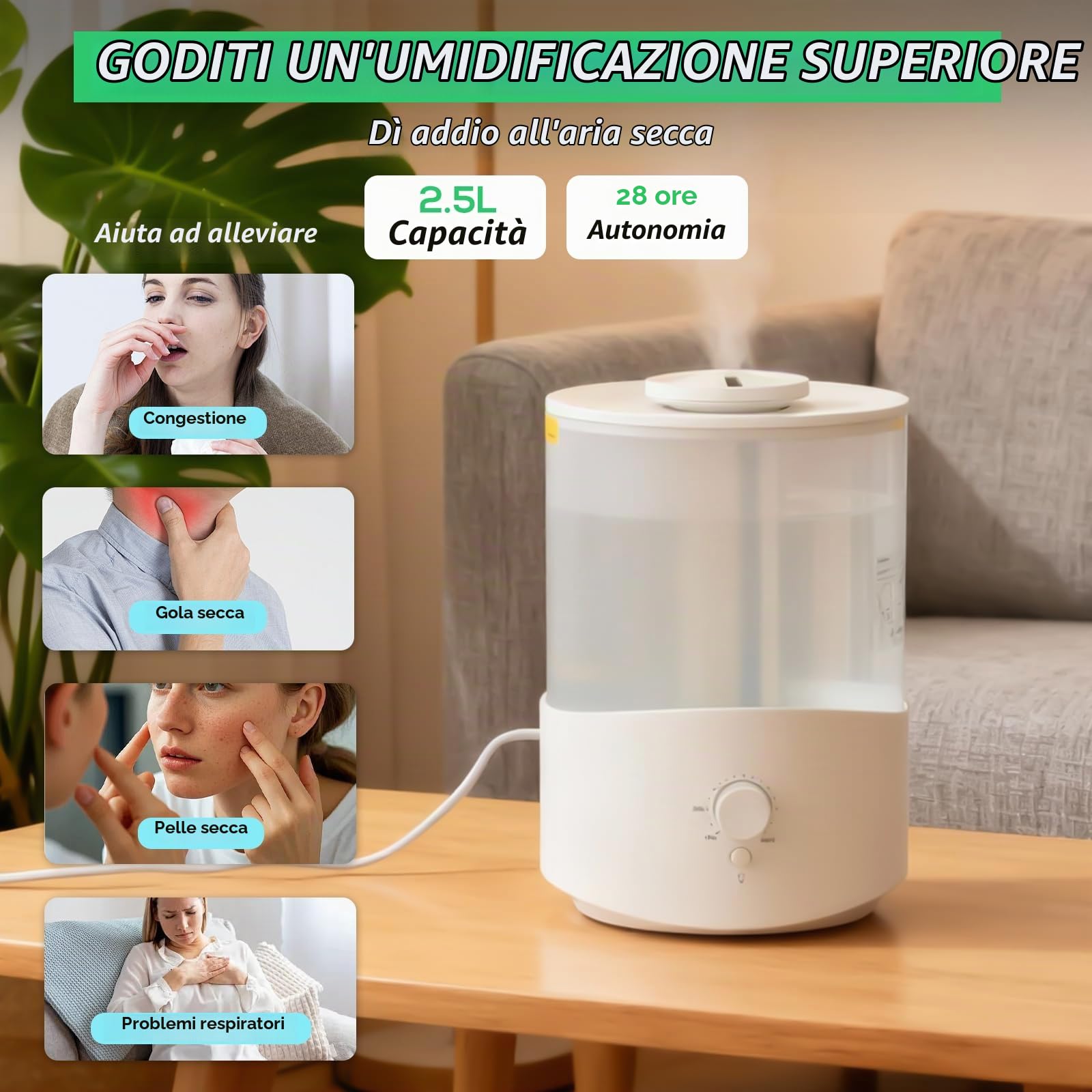 Cozary 2,5L Umidificatore Ambiente, Top Fill, 28H Diffusore di Oli Essenziali, Spegnimento Automatico, 23 dB Silenzioso, con Luce a 7 Colori, Ugello a 360°, per Camera da Letto, Cameretta, Piante
