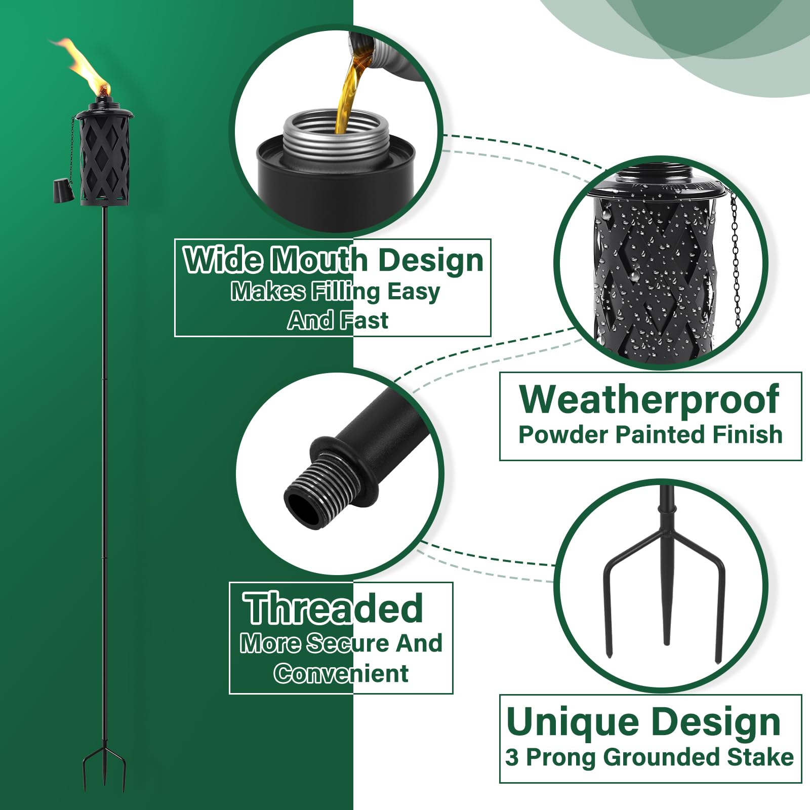 SNOGSWOG Citronella Fackeln für den Außenbereich, 6 Stück, schwarz, 400 ml, Outdoor-Gartenfackeln mit 3 Zinken, Erdspieß, 59 Zoll Metallfackel für Gartendekoration, Außenfackeln für Hinterhof, Garten,