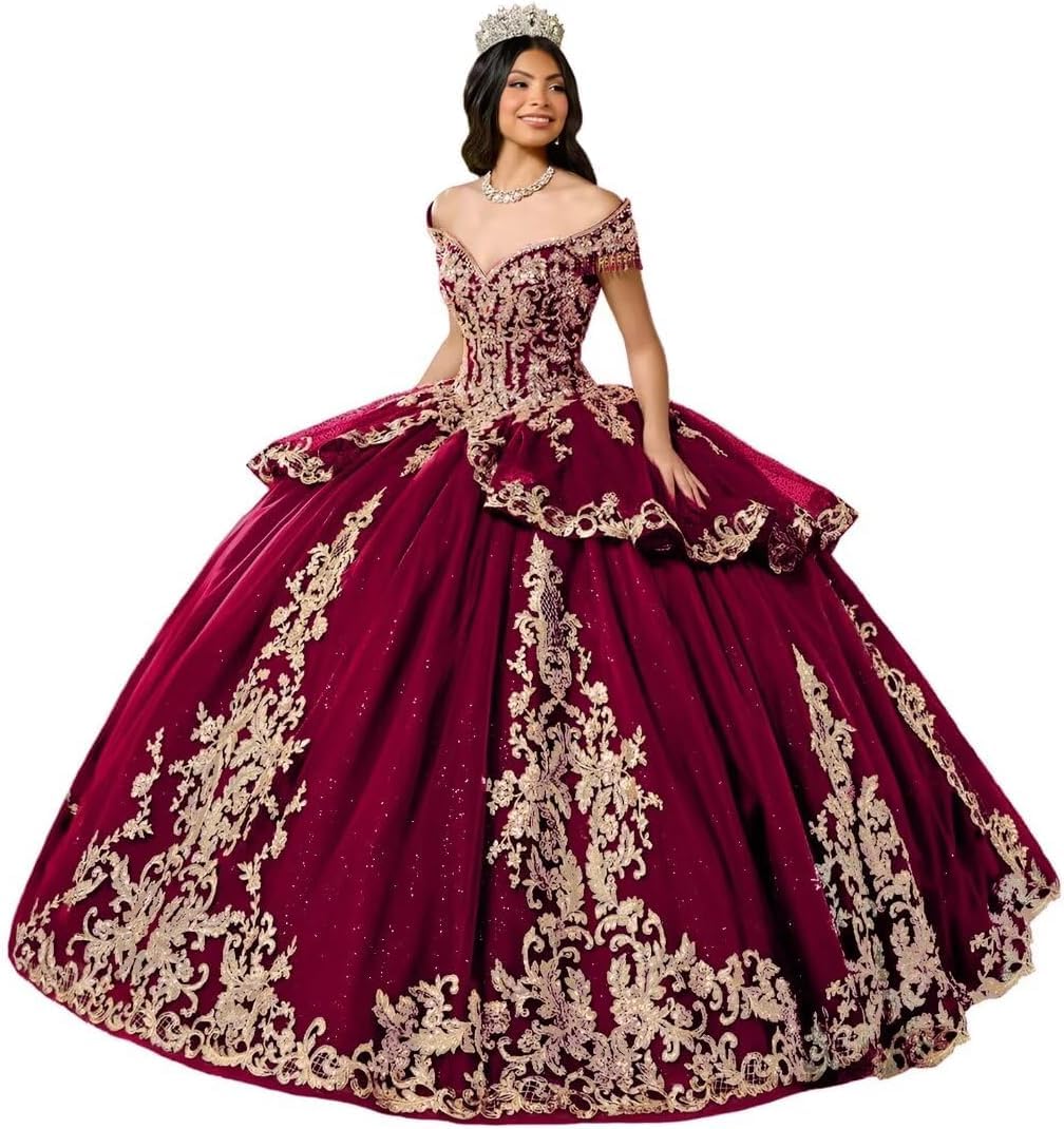 Yifanier Puffy Tulle Quinceanera Dress with TRAI 3D Gold Lace Appliques Sparkly Lace Applique Quinceanera Dresses MT039