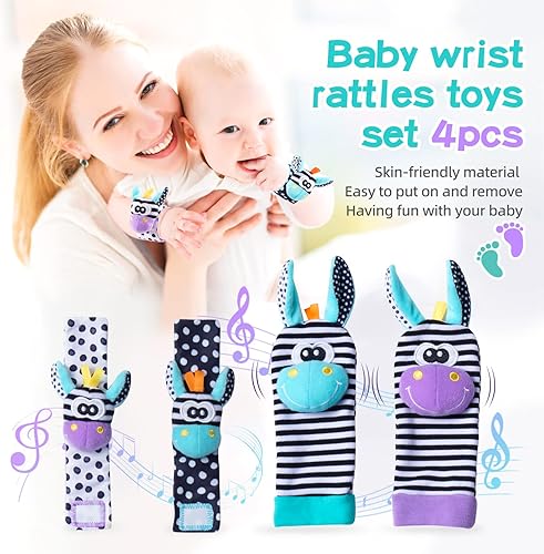 Miniatura 2 de Koty Juego de juguetes para sonajeros de muñeca para bebé, calcetines de sonajero para niños, pulsera de mano de brazo, calcetines de tobillo para