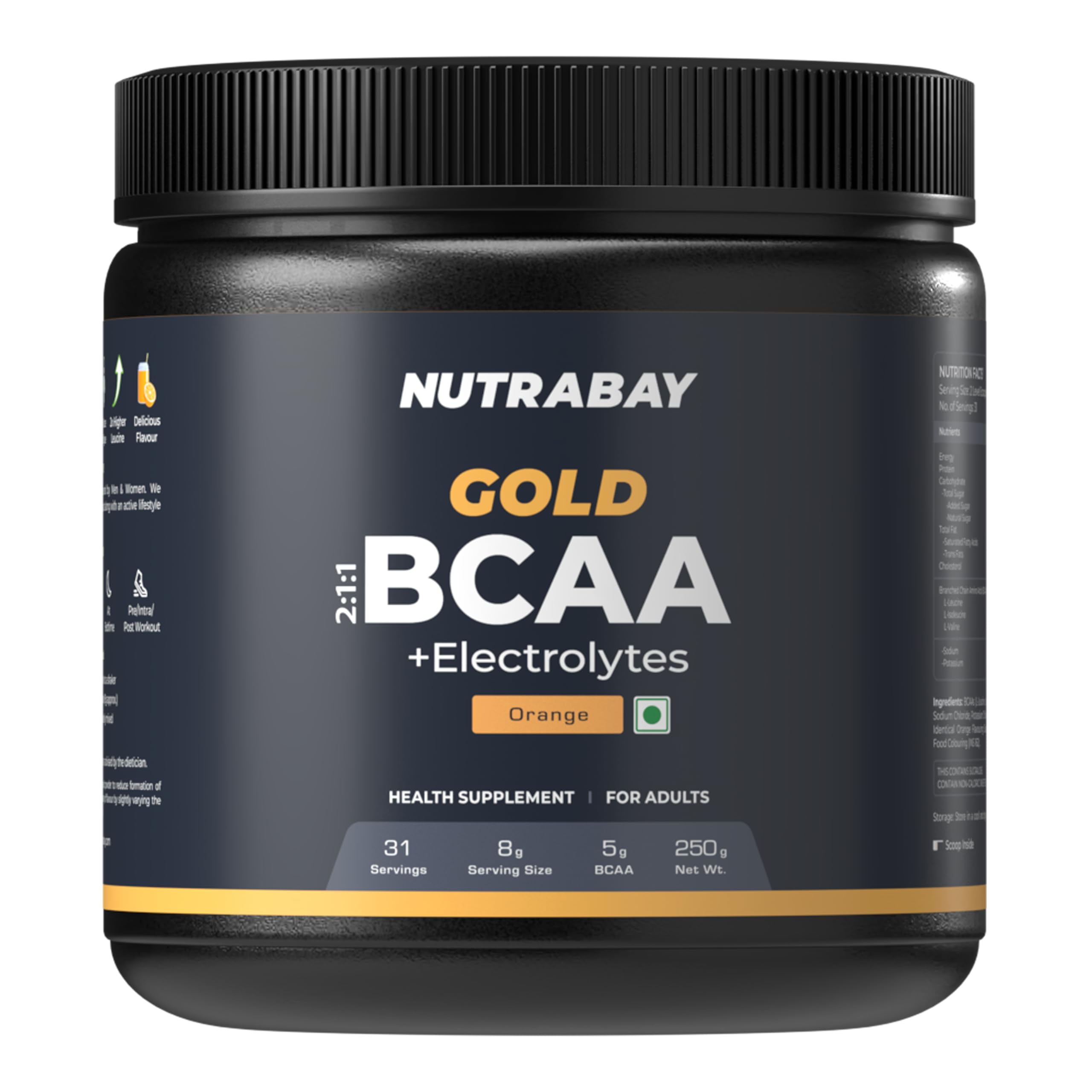 Nutrabay Gold BCAA 2:1:1 with Electrolytes 5000 mg Vegan BCAAs per Serving – Pre/Post Workout Energy Drink for Muscle Build Up, Faster Recovery - Tested for Purity - No Banned Substances– 250g, Orange