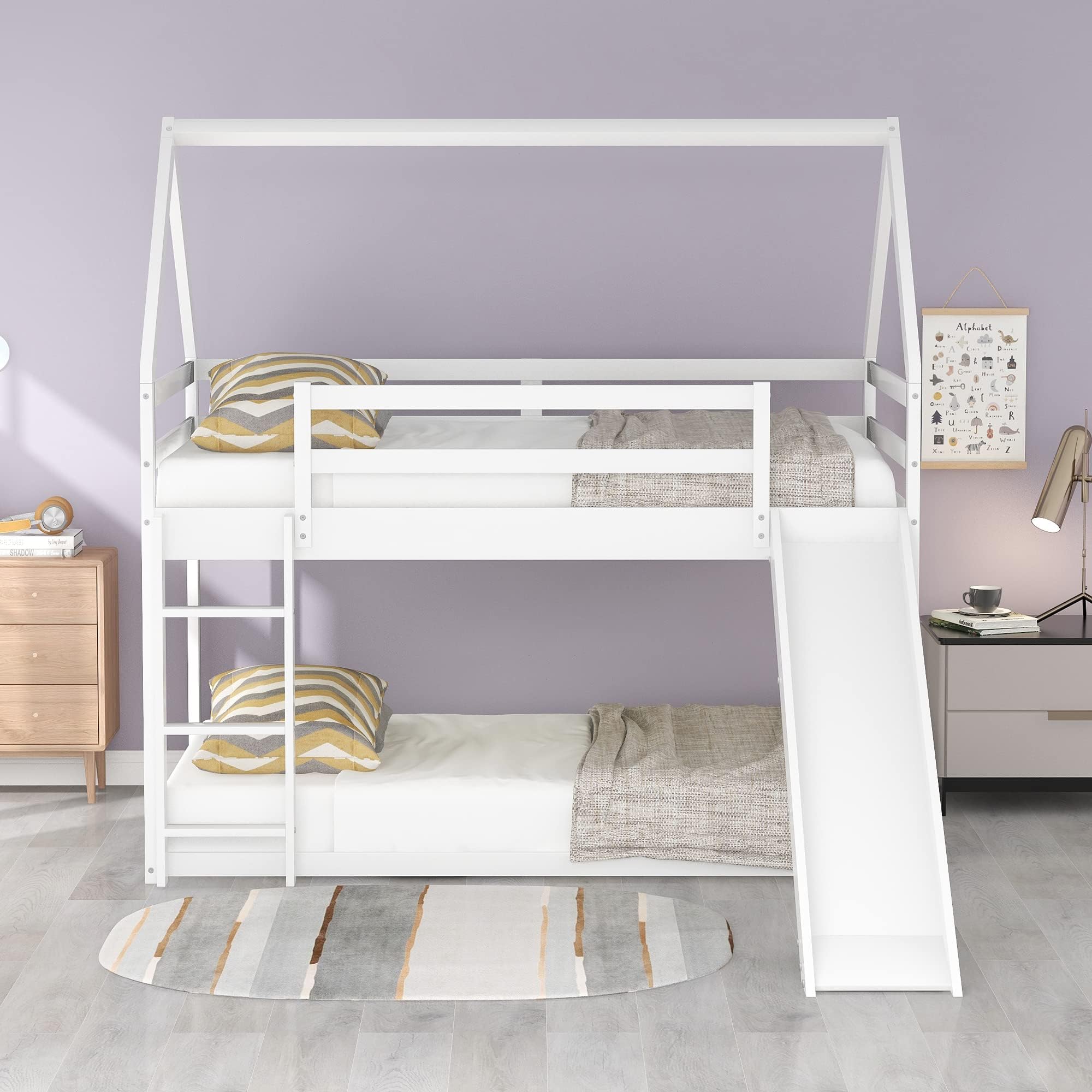 Harper & Bright Designs House Bunk Bed Twin Over Twin with Slide and Roof, Floor Bunk Bed with Built-in Ladder and Full-Length Guardrails for Kids Boys Girls, Space Saving, White