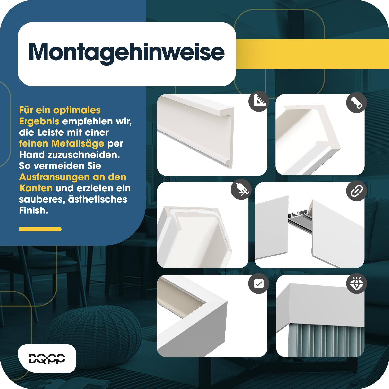 DQ-PP 8m GARDINENBLENDE – 100 x 27mm – Weiß – 4 x 2m – Polystyrol Vorhangleiste – Indirekte Beleuchtung – XPS Stuckleiste