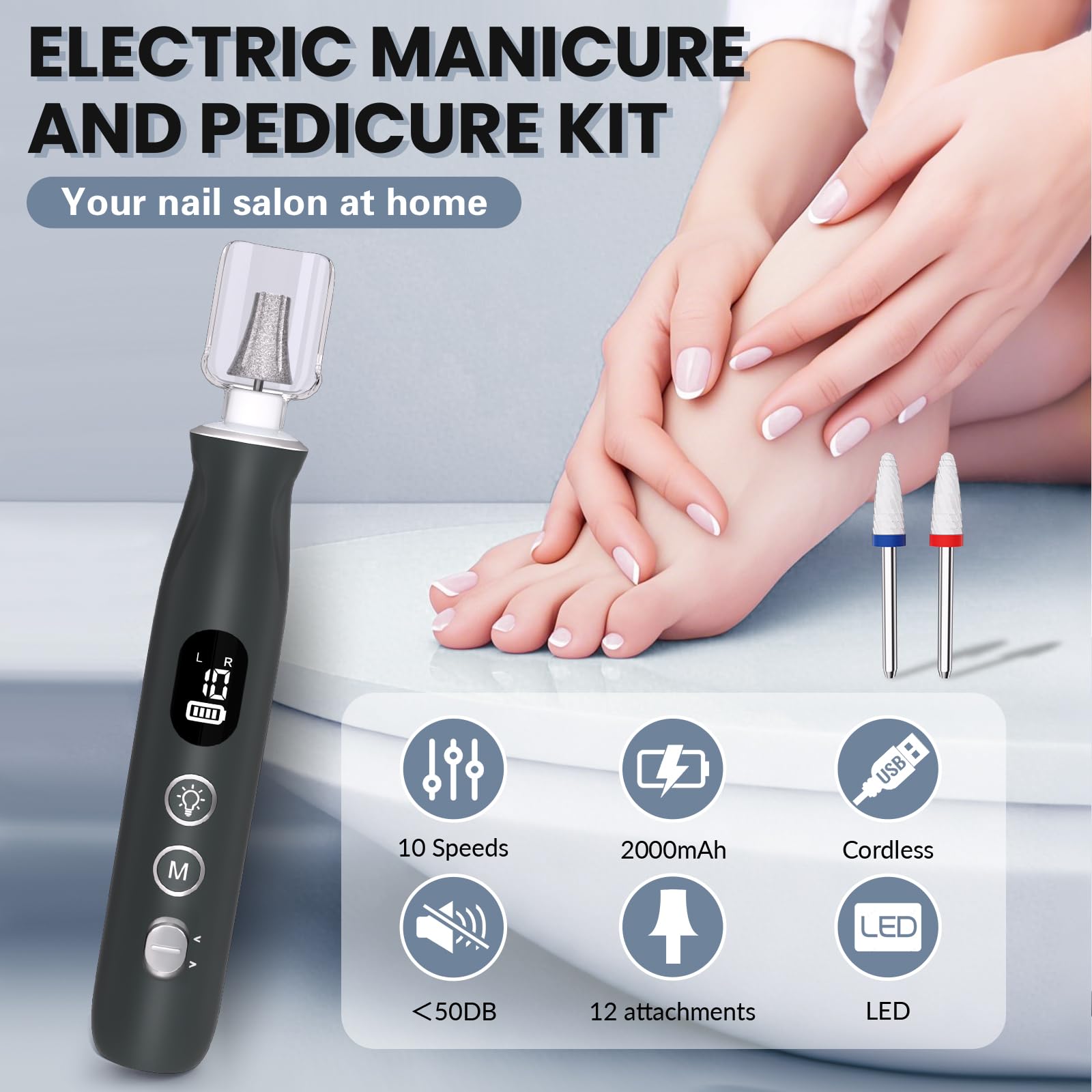 Trapano elettrico per unghie, senza fili, 2000 mAh, ricaricabile, portatile, 12 in 1, kit per unghie spesse, 10 velocità, per manicure professionale e pedicure per la cura delle unghie naturali delle