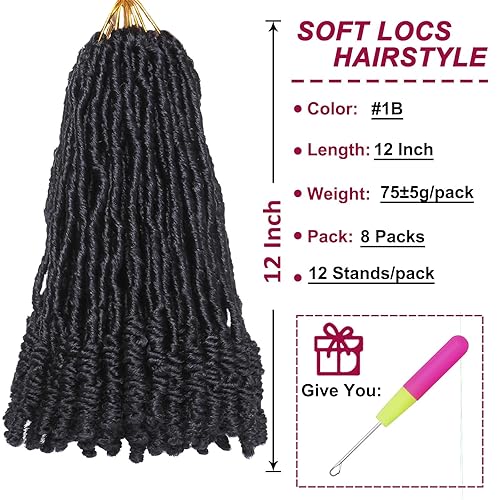 Miniatura 2 de COOKOO Rastas de ganchillo de 12 pulgadas, 8 paquetes de trenzas de ganchillo de color negro natural pretrenzado suave con nudos cortos, extensiones
