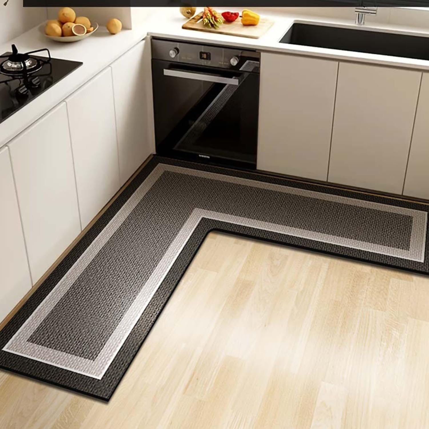 Wlian L-Shaped Kitchen Rug Mat – Non Slip Diatomite Absorbent & Quick Dry Floor Rug, Corner Runner for Sink Area, Bathroom, Laundry & Hallway, Washable Long Carpet, Grey, 140x140x50cm