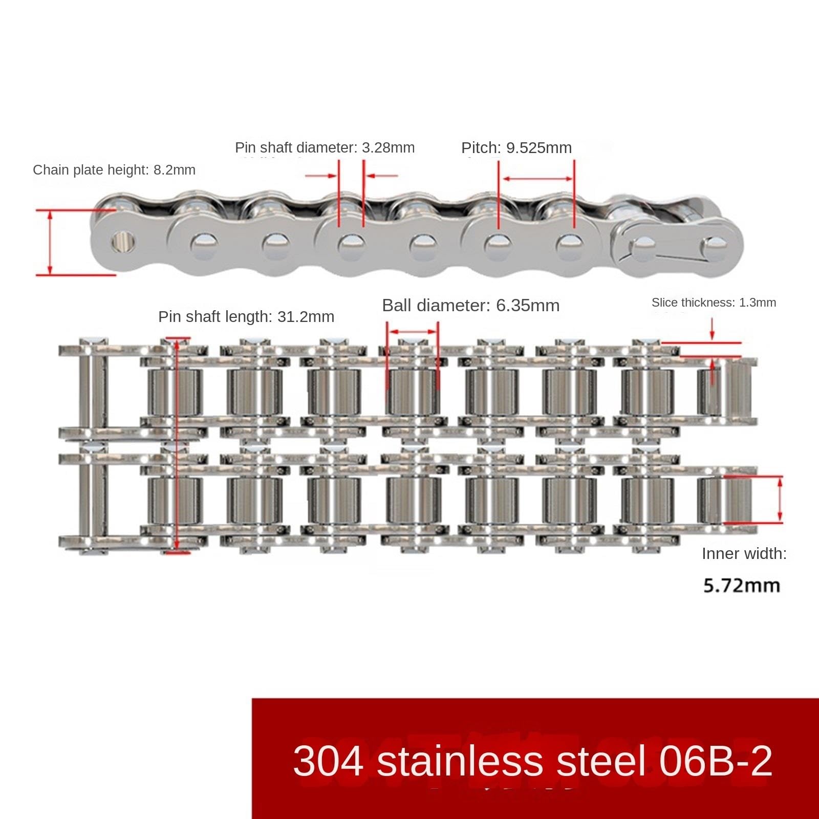 Generic 304/316 Stainless Steel Industrial Transmission Chain, 06B 08B 10A 12A 16A 20A Roller Chain MINGPING (Size : 06B-2 1.524m 304), EOEGQOEGQ-06B-21.524M304