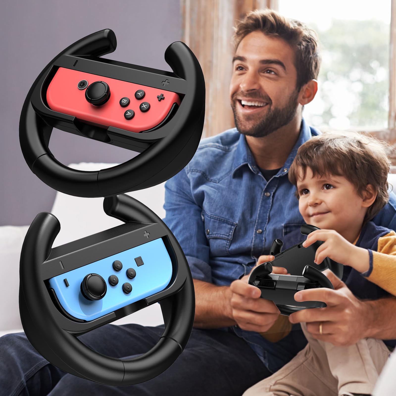 Volante Grip Compatible con Nintendo Switch/Switch OLED, 3 en 1 Volante Joycon Grip con 2 Piezas Racing Wheel Mandos Grip para Mario Kart Deluxe Juegos -Negro