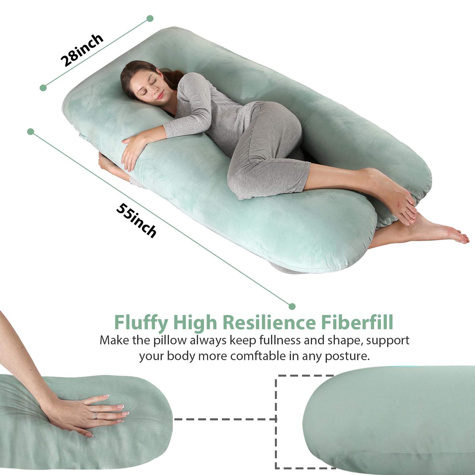 Amagoing Cuscino per gravidanza da 144,8 cm, per dormire, a forma di U, per donne incinte, con fianchi, gambe, schiena, supporto per la pancia, copertura in jersey lavabile inclusa (verde menta)