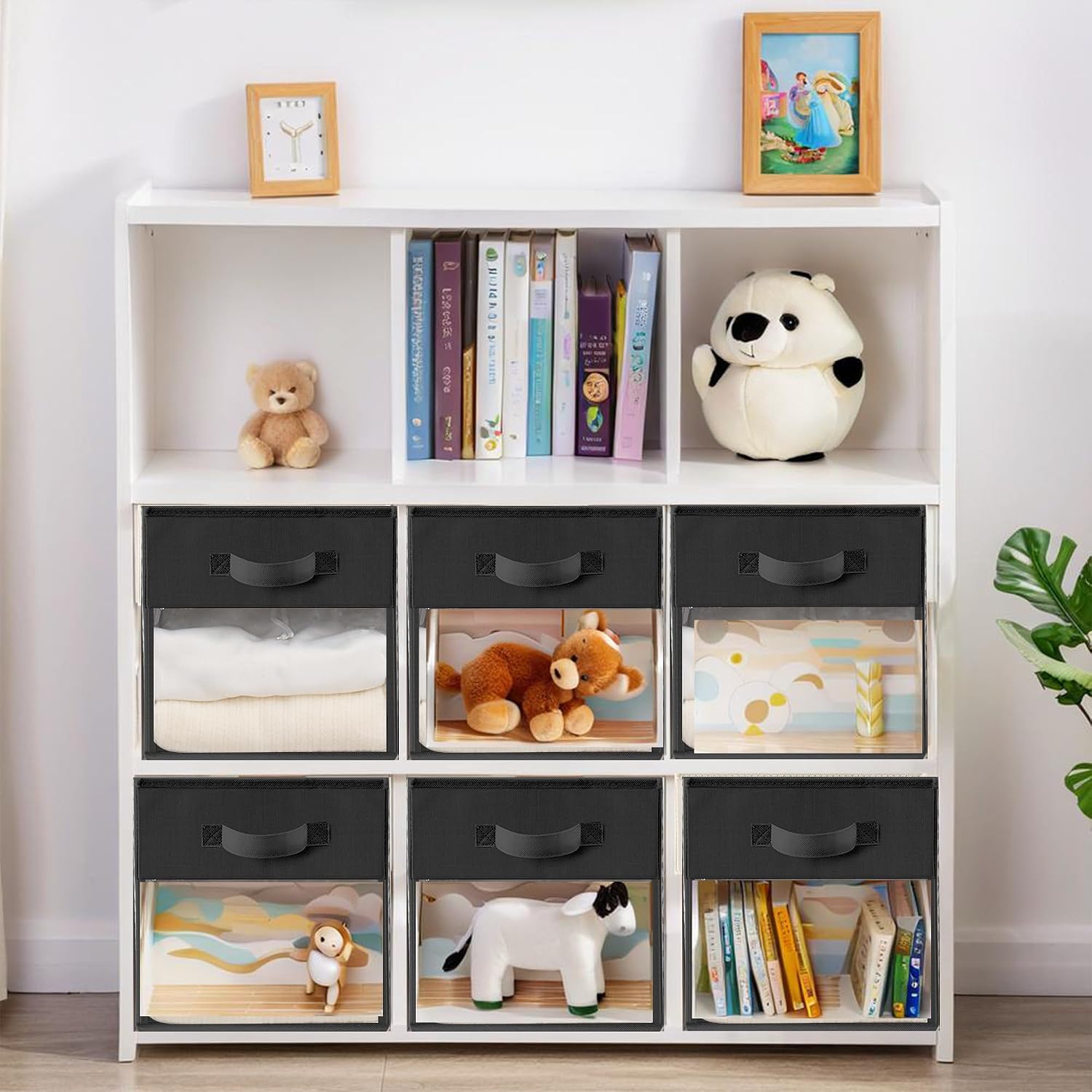 Storage Cubes with Clear Window, 11" Storage Bins, Foldable Cube Storage Box, Fabric Closet Organizers with Handles for Home, Office, Shelf, Closets, Living Room, Black, 6 Pack